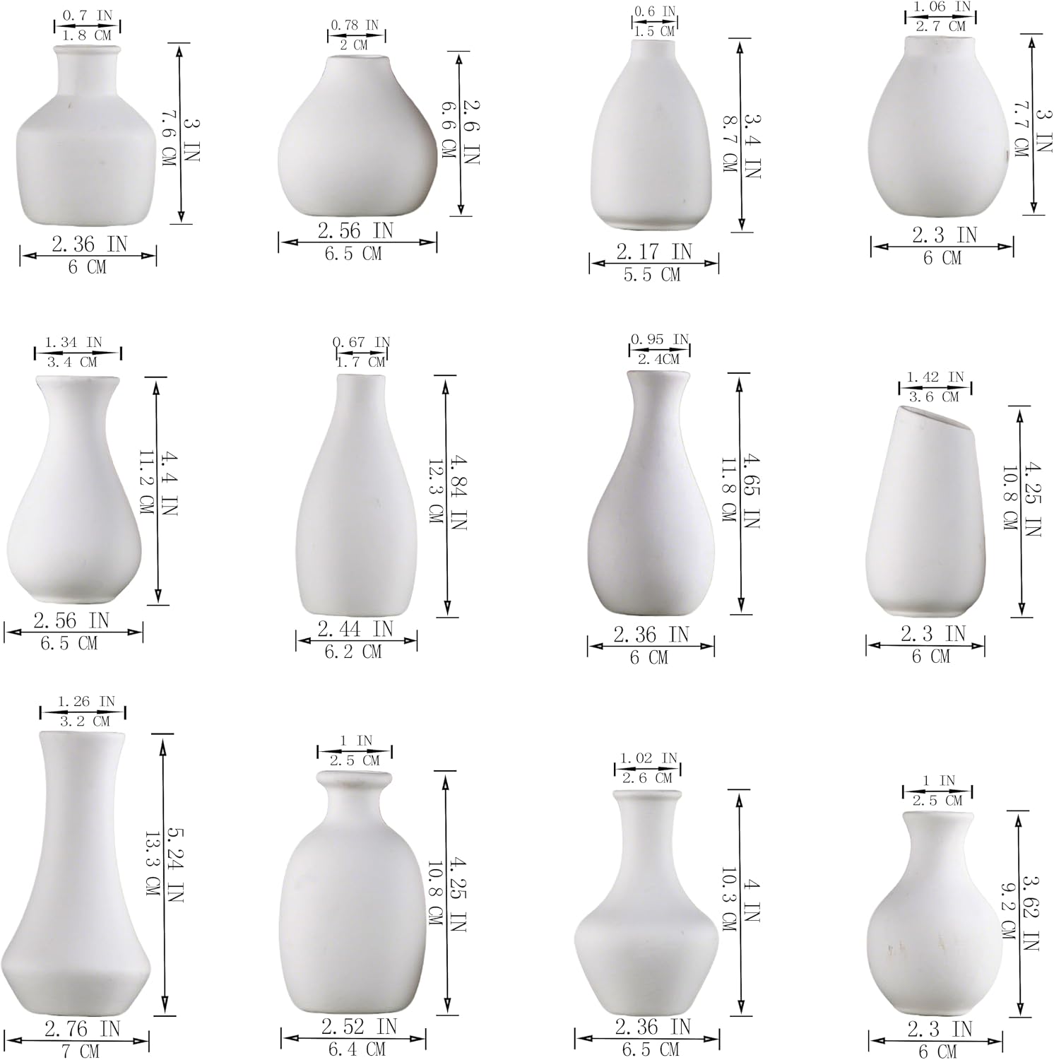Condition photo showing New/Like New for white ceramic bud vase set of 12 diy matte flower vases | modern mini ceramic vases for home decor, wedding centerpieces, farmhouse shelves, mantel display and creative diy styling white - 12 pcs