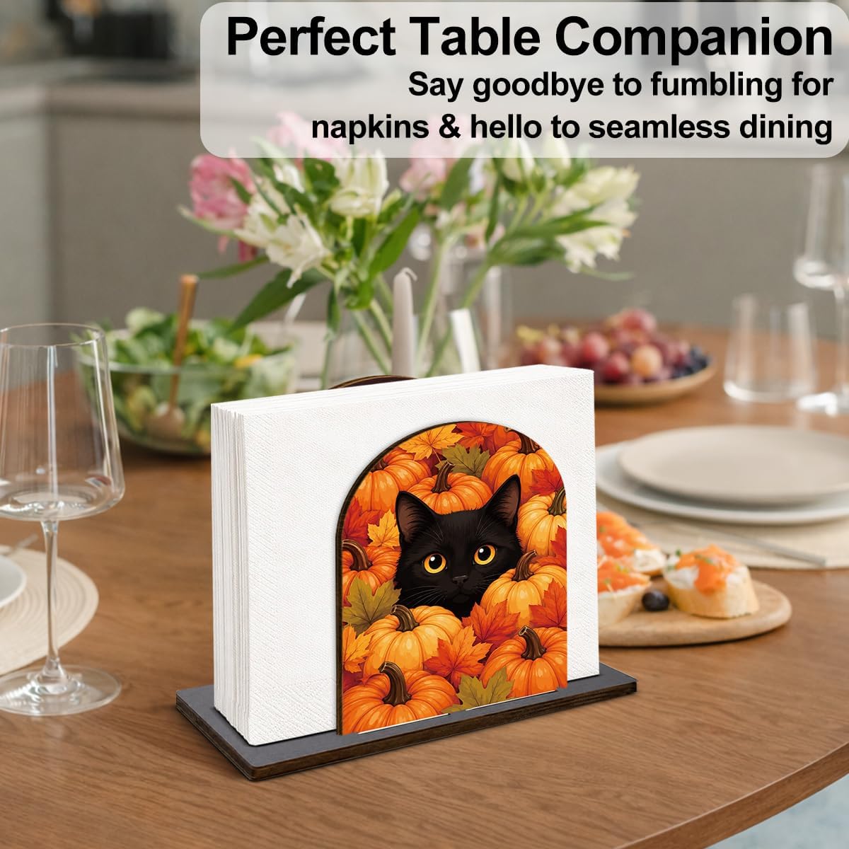 Fall Decor Pumpkin Black Cat Wooden Napkin Holder for Table Autumn Cute Cat Wood Napkin Dispenser Halloween Thanksgiving Fall Decorations for Home Kitchen Dining Room Napkins Tissue Holder