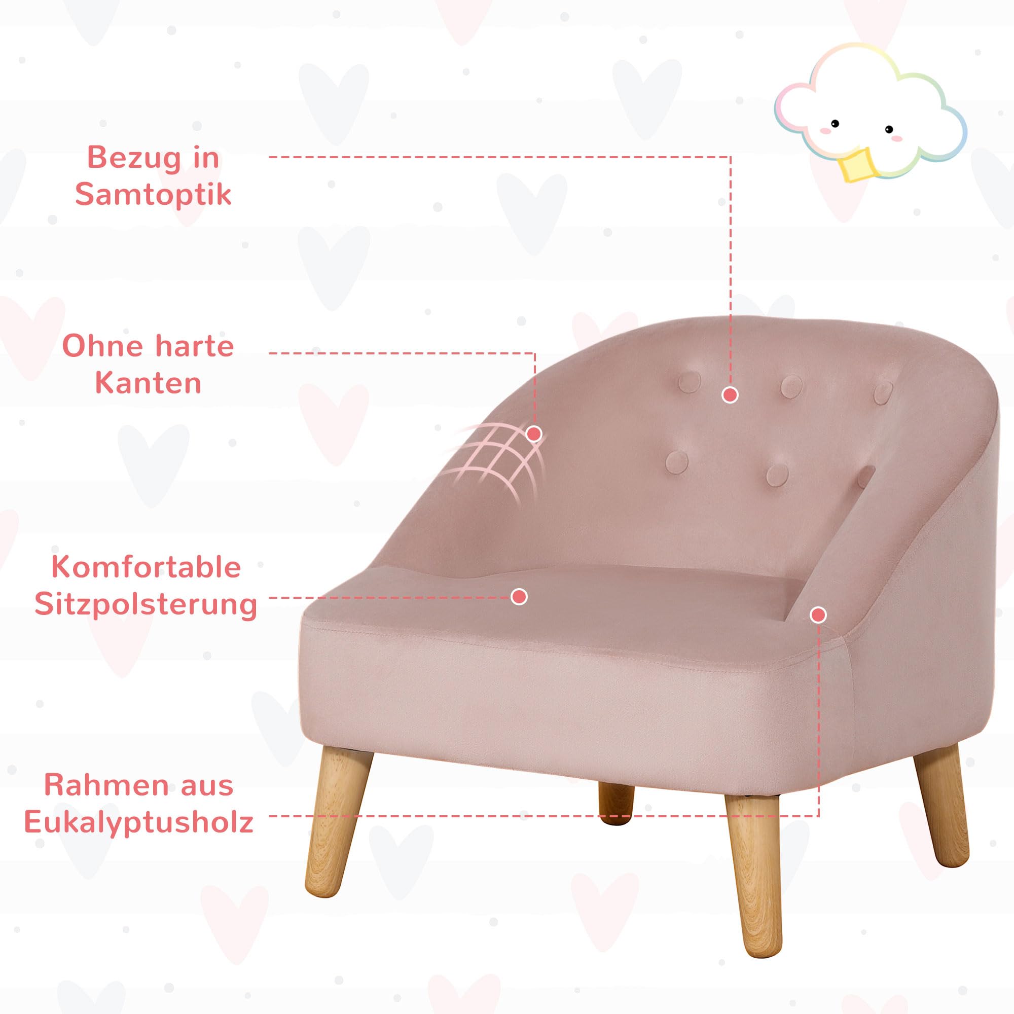 HOMCOM Krzesło dziecięce Sofa dziecięca z podnóżkiem Kanapa dziecięca od 3 lat Meble dziecięce Pokój dziecięcy Aksamitny wygląd Drewno eukaliptusowe Różowy 51 x 51 x 50 cm