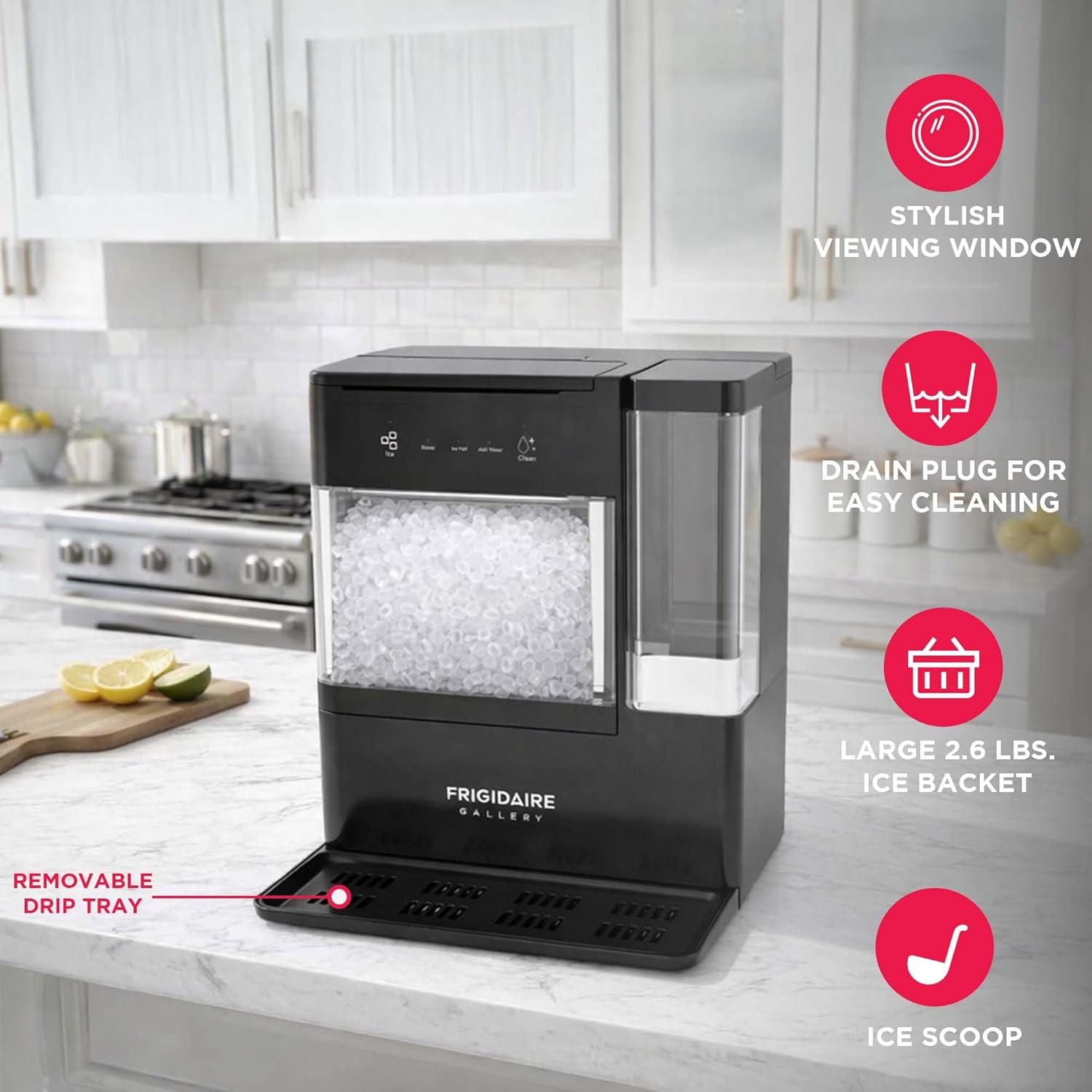 FRIGIDAIRE Nugget Ice Maker with Removable Tank, 38lb Daily Ice Production, 2.6 lb Ice Bin, Countertop Ice Maker with Pull-Out Ice Drawer, Electronic Controls, Ice Scoop & Drip Tray
