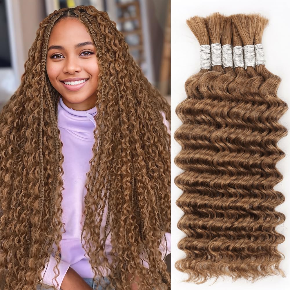 Auburn Ginger Wet and Wavy human braiding hair for Boho Braids 150g 18 Inch Curly Boho Hair for Braiding Knotless 12A Deep Wave Bohemian 6 Bundles/Pack Auburn Ginger No Weft 30#