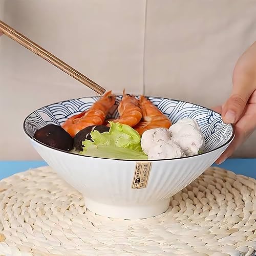 Miniatura 6 de Qinlang Juego de 4 cuencos japoneses de 38 onzas, cuencos de cereales, cuencos de sopa, cuencos Pho, cuencos de fideos, cuencos de cerámica azul y