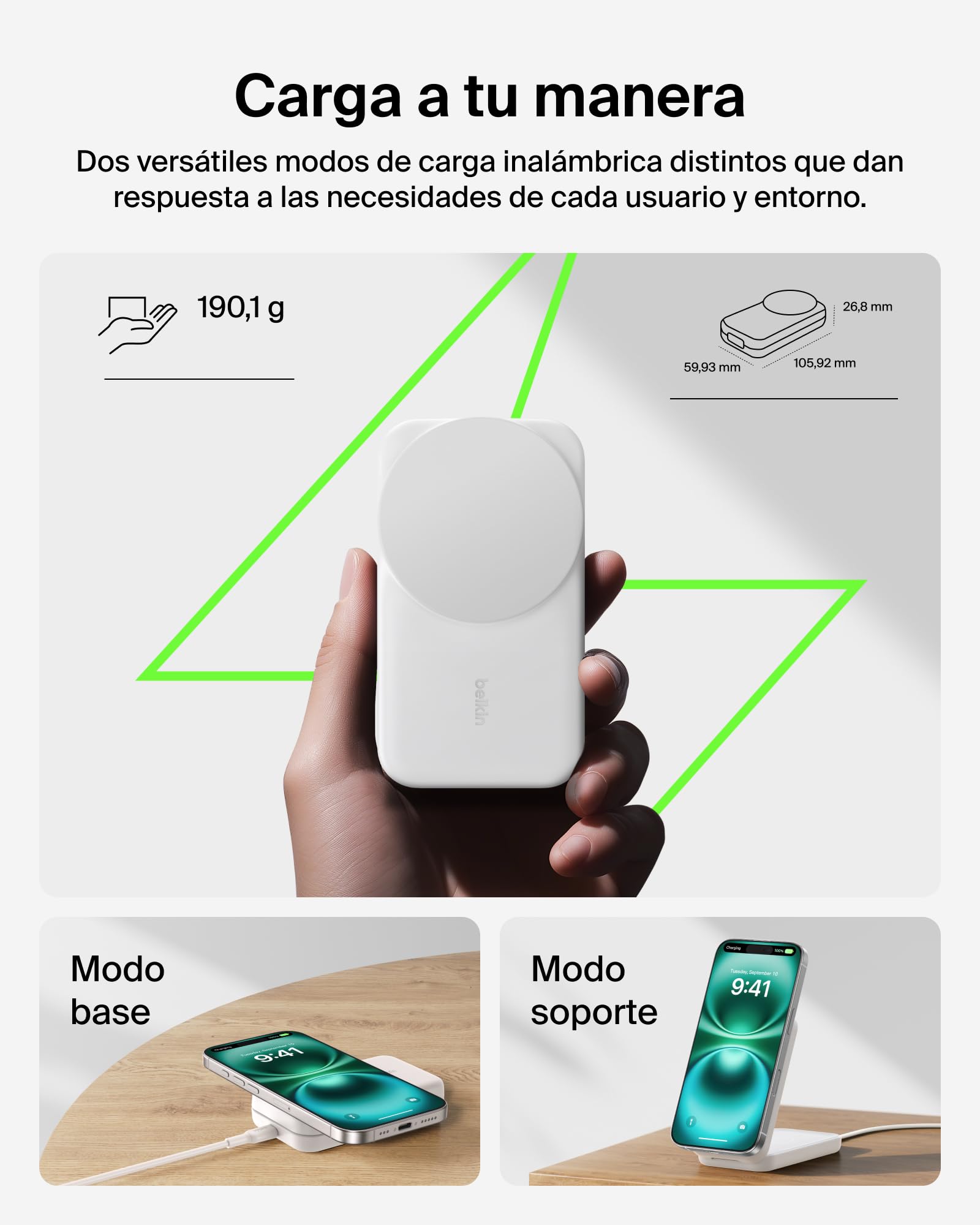 Belkin UltraCharge Cargador Inalámbrico 3 en 1 Qi2, 25W, Cargador Magnético Compatible con MagSafe, Estación de Carga para iPhone 17, Air, Apple Watch, AirPods, Pixelsnap, Adaptador de 45W - Blanco