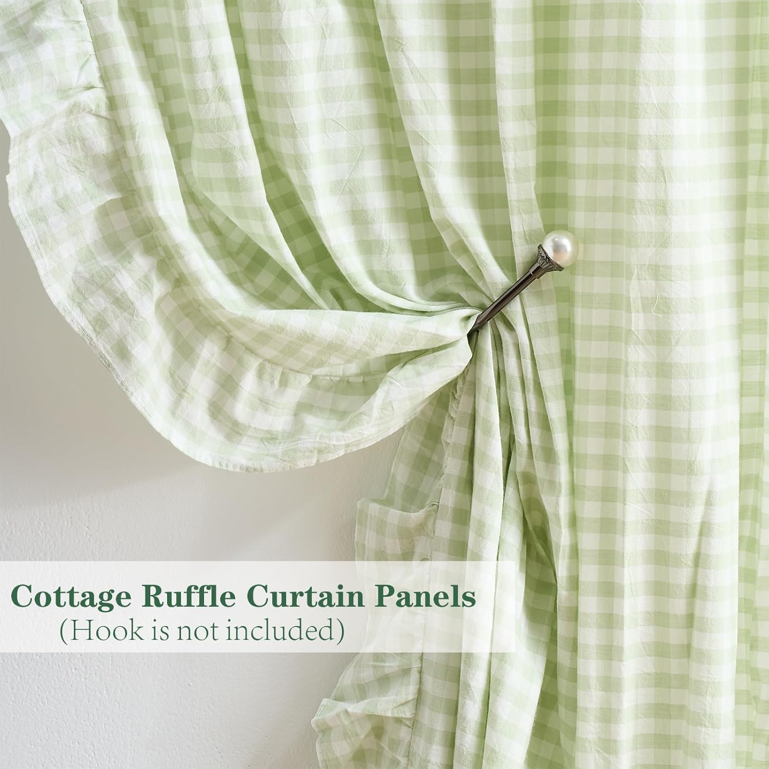 Pile Green White Plaid Gingham Ruffle Curtains 2 Panels, 100% Washed Cotton Drapes for Bedroom Living Room Doorway Shabby and Chic Window Treatment Rod Pocket, W52”xH90