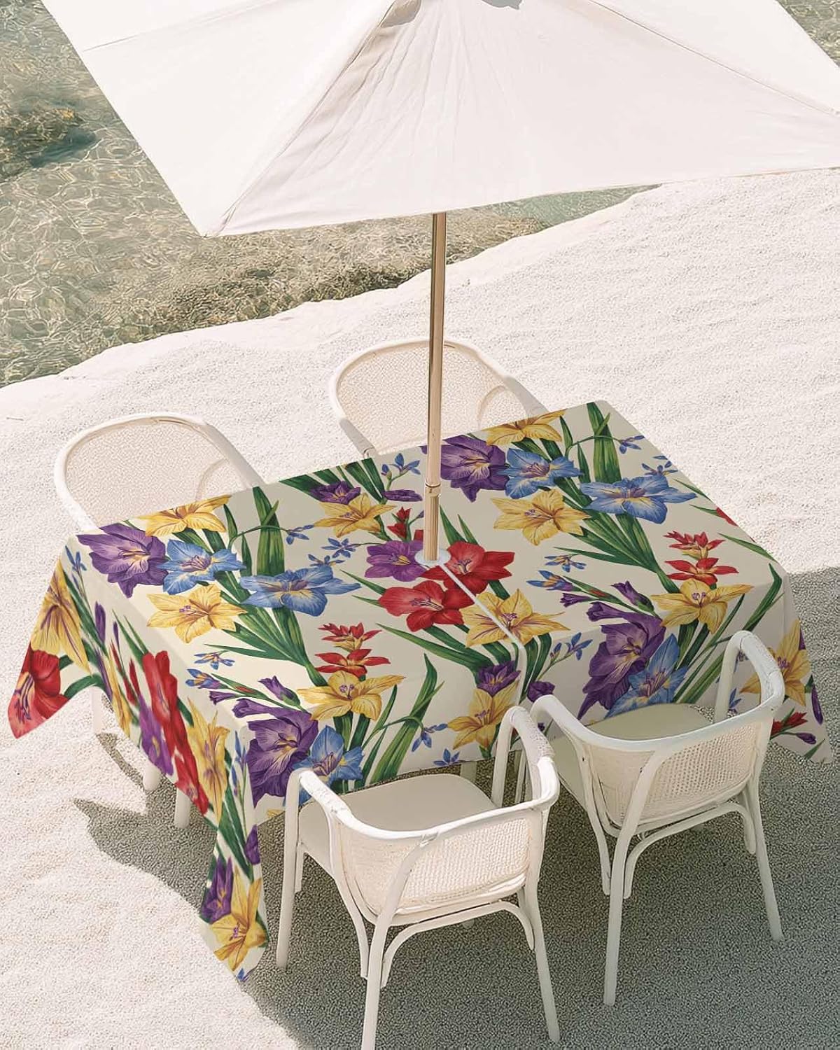 Outdoor Tablecloth with Umbrella Hole and Zipper, Spring Florals Waterproof Table Cloth for Patio/Party/Picnic, Blue Red Yellow Flowers Table Cover, 60x102 Inch Rectangle