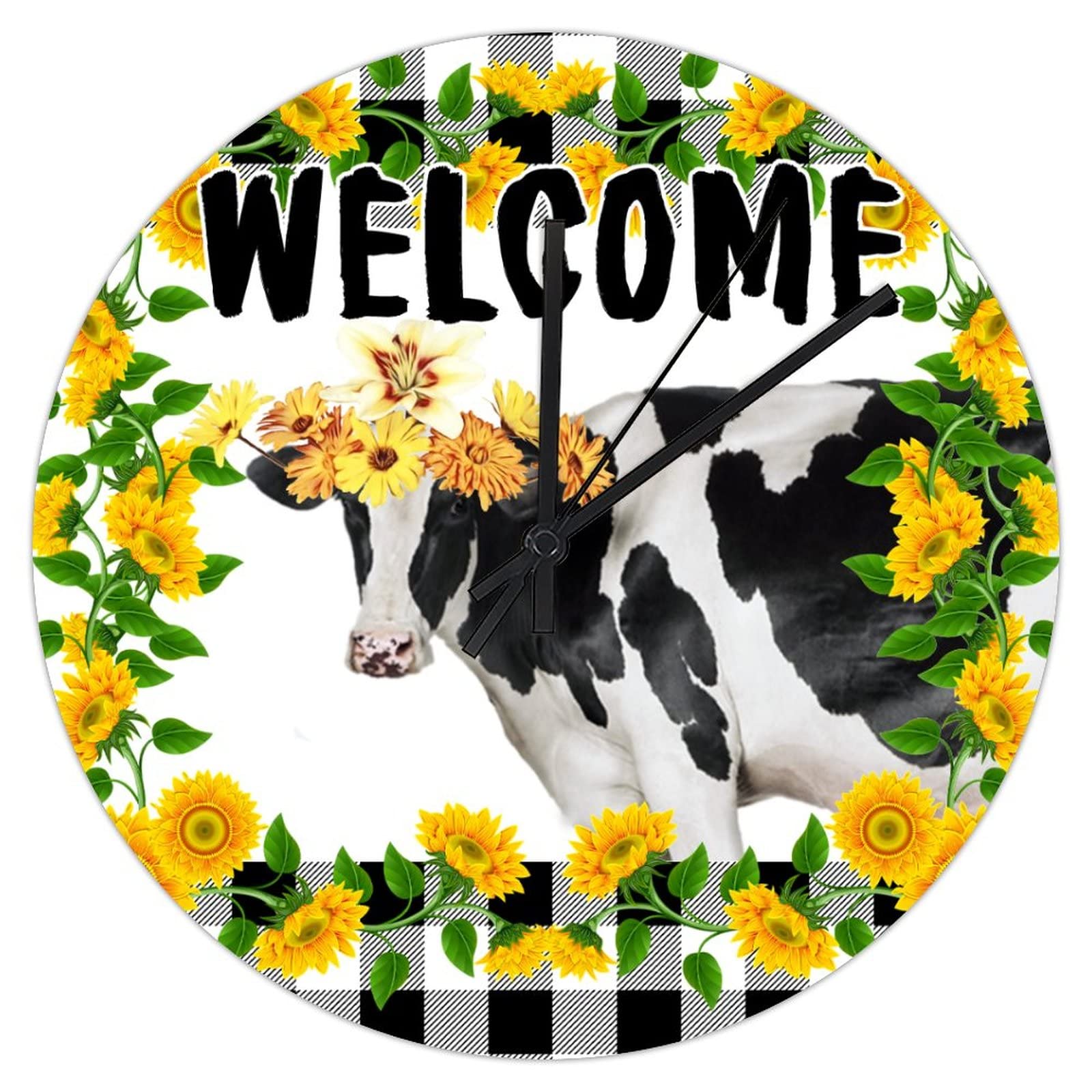 Horloge murale vache et tournesol 30 cm en PVC silencieuse pour décorer une cuisine de campagne