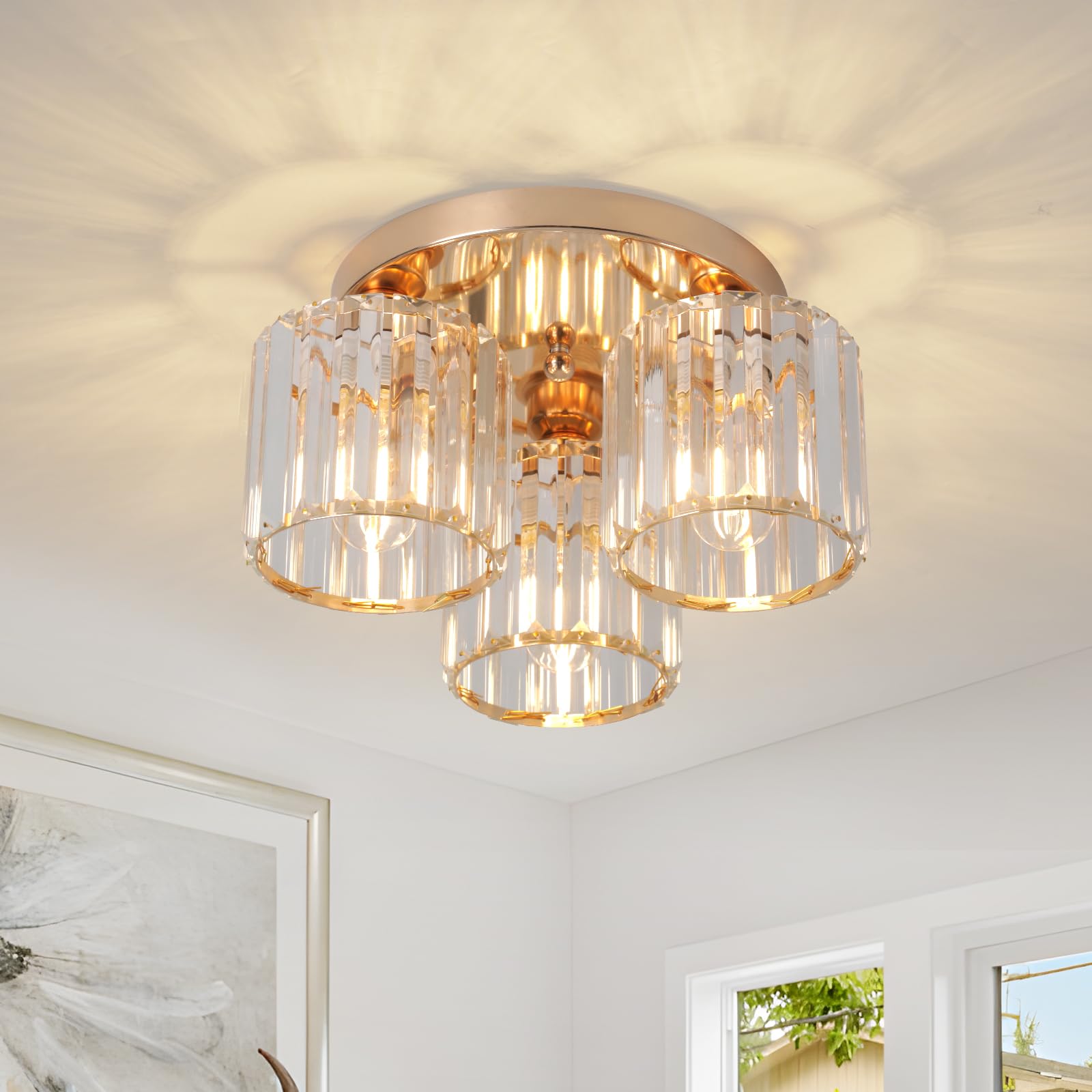 ZYDTRIP Crystal Chandeliers Ceiling Light, 3-Lights Crystal Ceiling Lights Living Room, Modern Gold Semi Flush Light Fittings for Bedroom, Hallway, Bathroom, Foyer, Kitchen Light Fixture