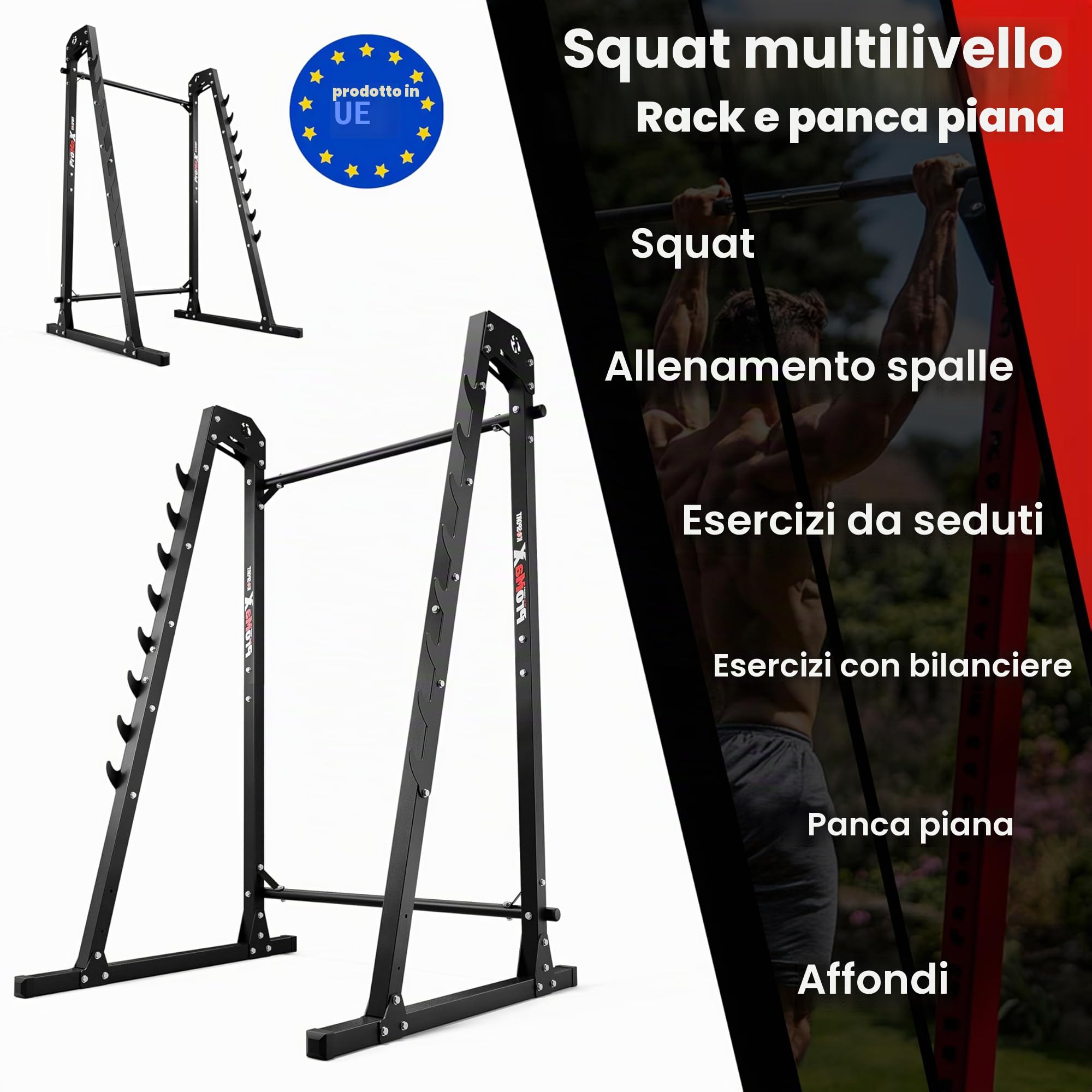 K-Sport: Porta bilanciere con dispositivo di sicurezza caricabile fino 280kg I Rack palestra per squat I Supporto bilanciere con barra di aggancio a 8 gradini I Rack bilanciere per squat, E-Book incl.