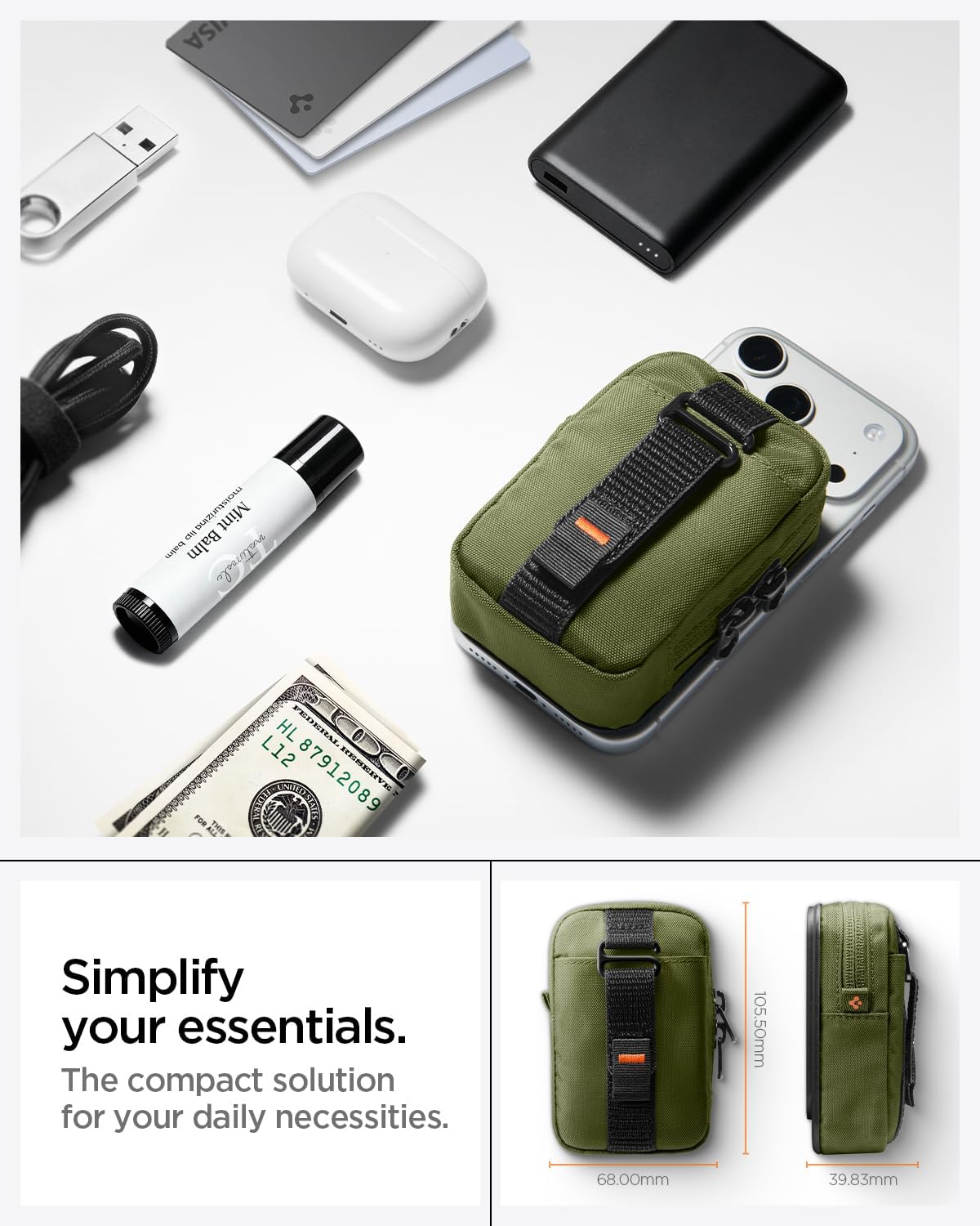 Spigen Magnetic Pouch Organizer RFID Blocking EDC SSD Card Storage Wallet Belt Backpack Clip Designed for MagSafe Pixelsnap iPhone 17/16/15/14/13/12 Pixel 10 Series & More - Olive Green (Tintap Zip)
