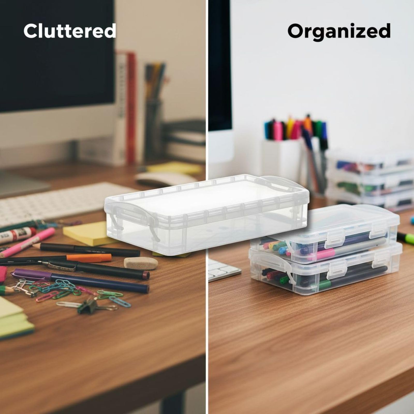 10 Stück transparente Stifteboxen, stapelbare Kunststoff-Federmäppchen mit Schnappverschluss, große Kapazität, Schreibtisch-Organizer für Schule und Büro, für Stifte, Bleistifte, Marker