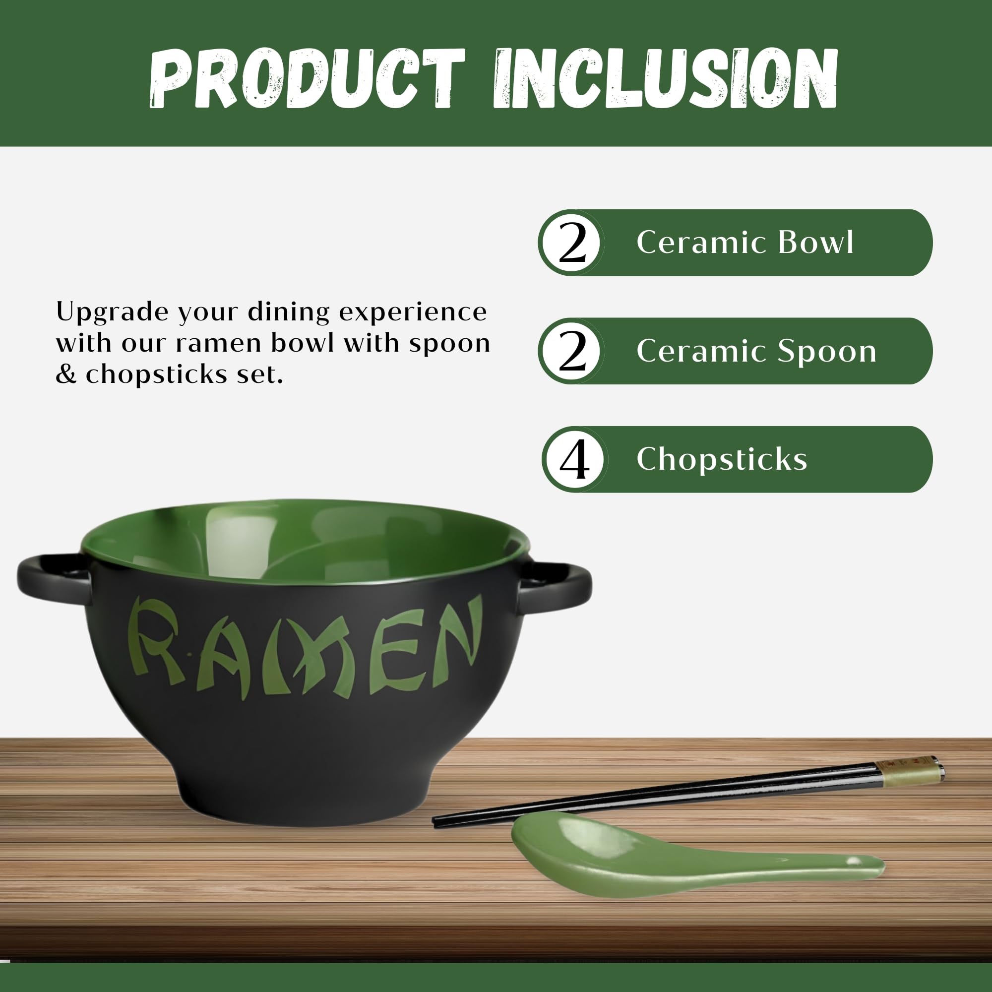 Juego de cuencos para ramen con palillos y cuchara, juego de cuencos de cerámica verde para microondas para ramen, cuenco para fideos ramen, cuencos Pho y juego de platos japoneses, cuenco para ramen