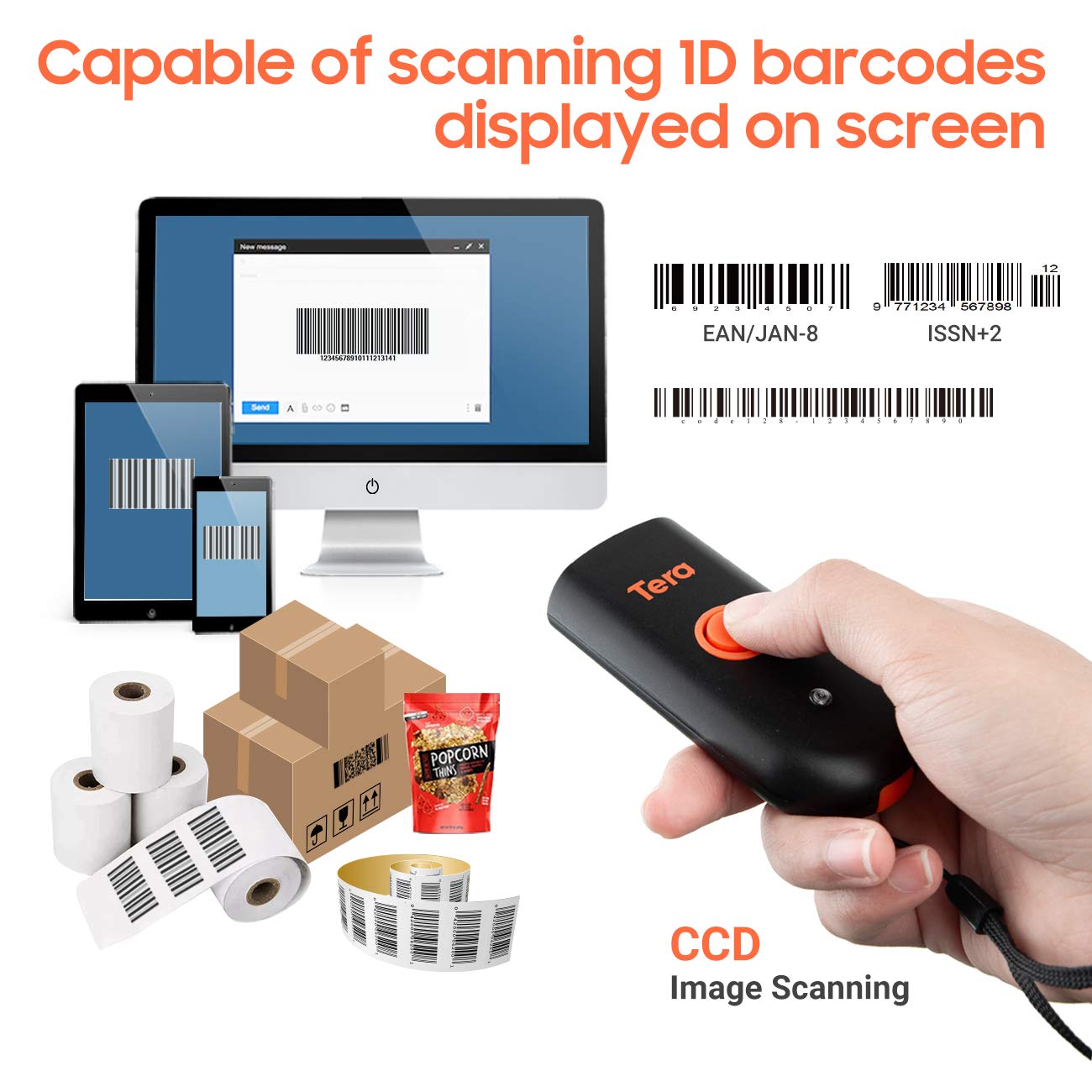 Tera Mini Scanner de Codes-Barres Portable CCD 3 en 1 Bluetooth & câble USB & 2,4 G sans Fil pour Codes-Barres 1D sur Papier & Image Lecteur de Codes-Barres 1100CCD