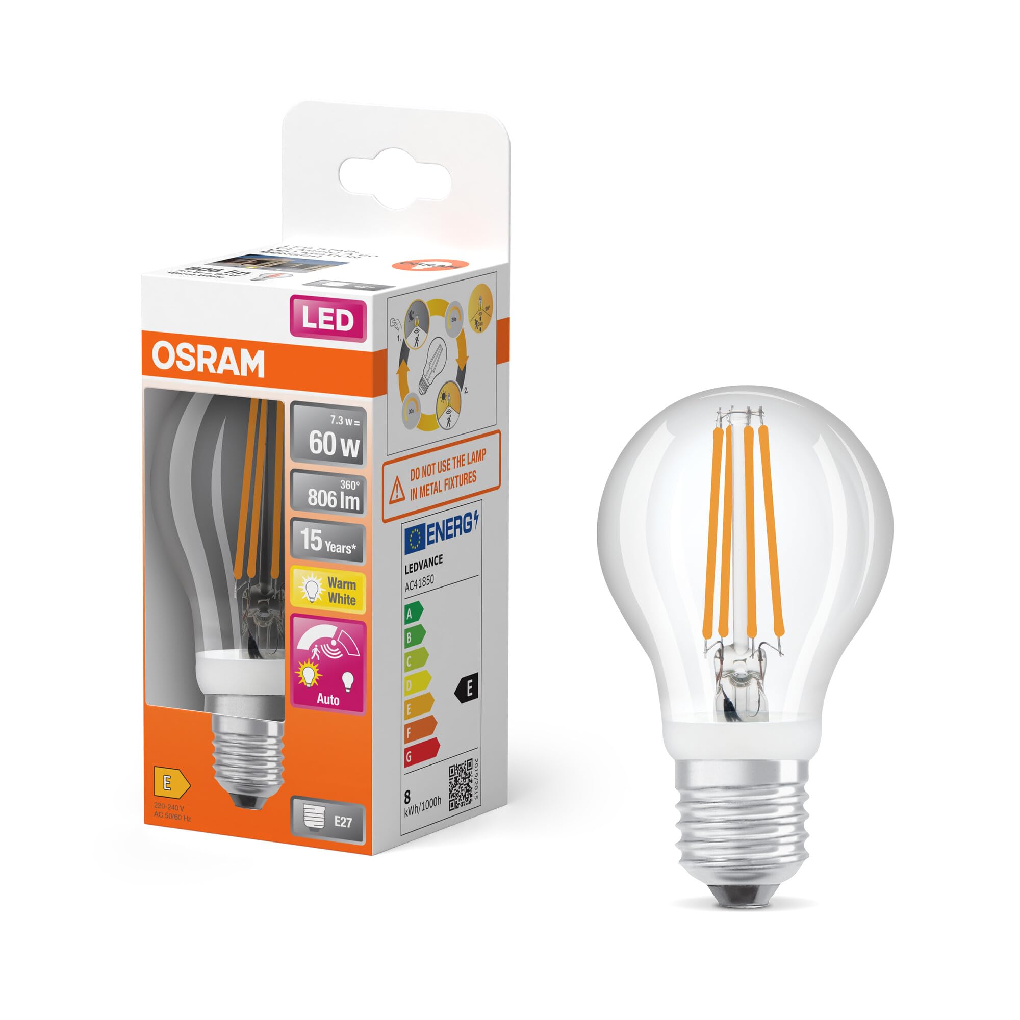 Osram Star+ LED-Lampe mit Bewegungssensor für E27-Sockel, Filament-Optik,Warmweiß (2700K), 806 Lumen, Ersatz für herkömmliche 60W-Leuchtmittel, nicht dimmbar, 1-er Pack, White