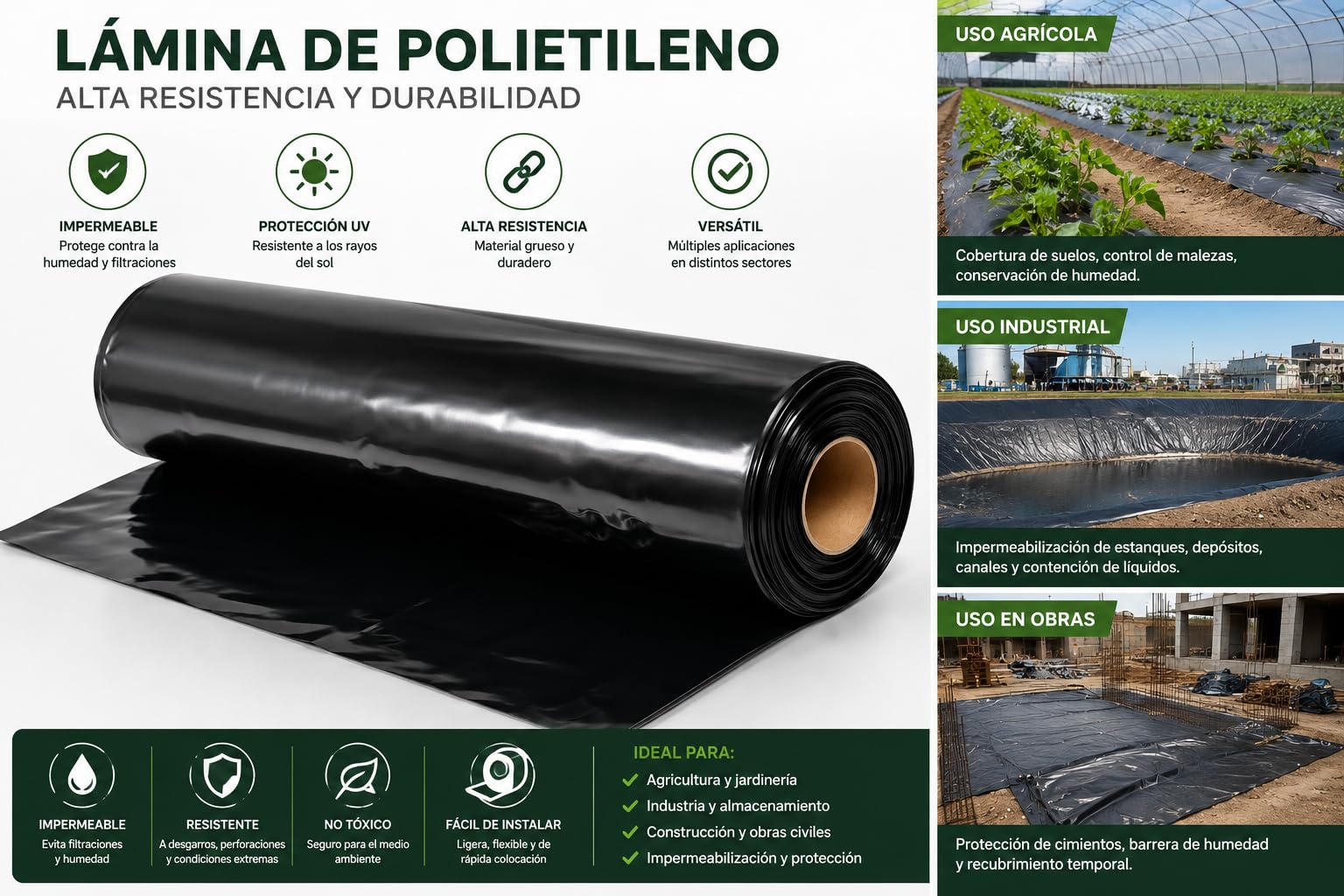 Bobina Plastico Negro para Huerto y Construcción | Rollo Plástico Negro Industrial Polietileno 1 M G/600 Largo 400 M.L, Protector, Resistente y Envolvente | Impermeabilización, Aislamiento