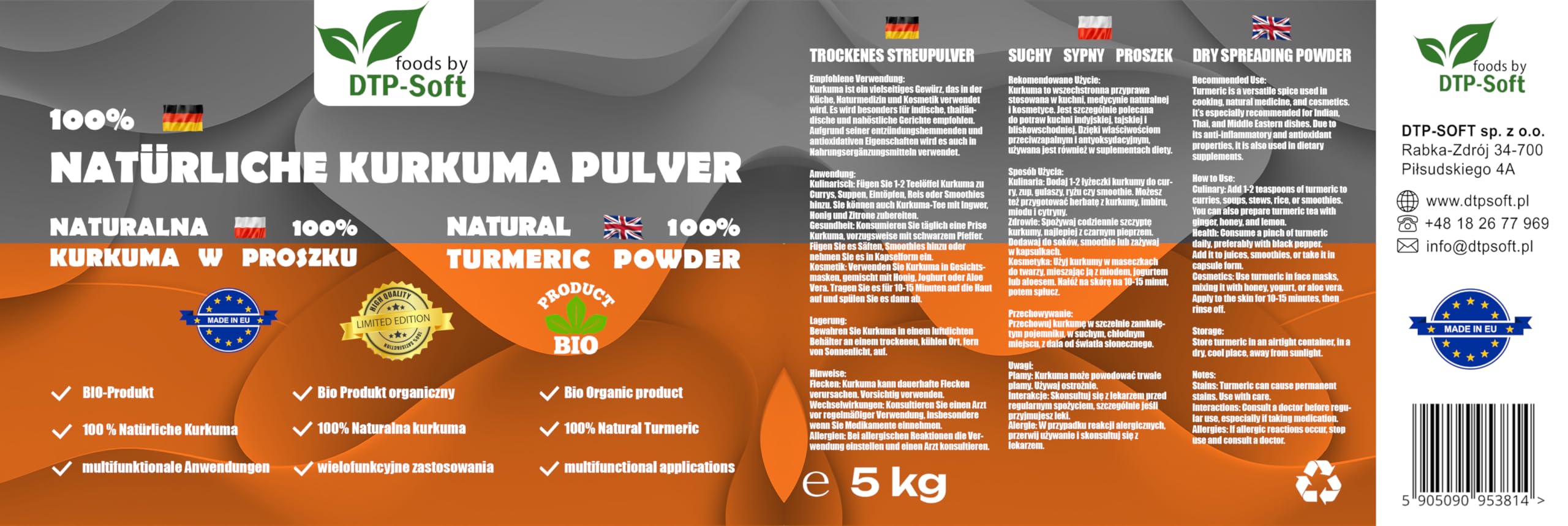 Natürliches Kurkuma im Eimer | Premium Kurkuma Pulver Frisch und aromatisch | Kurkumapulver Superfood für Gerichte und Smoothies (5kg)