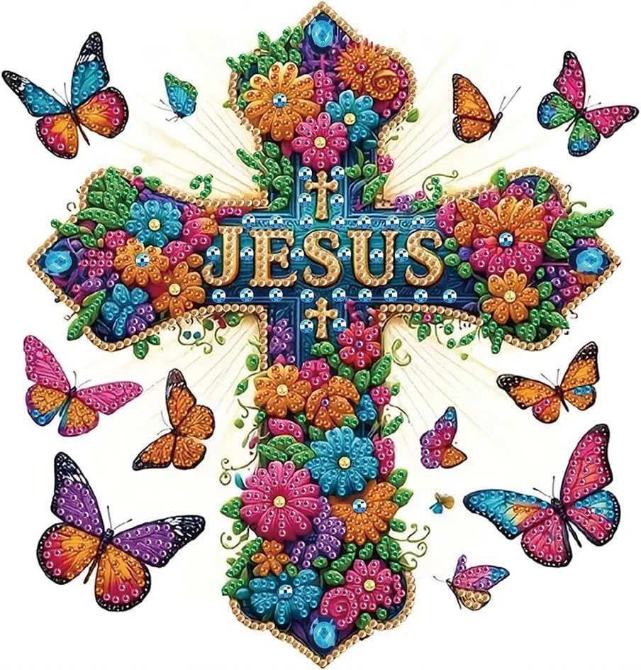 HFLYUYUDIY Special Shape Cross Diamond Art Painting Kits for Adults,Flowers Diamond Art Kits for Beginners,Butterfly Diamond Art Kits for Home Decor12×12inch/30×30cm