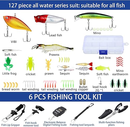 Miniatura 3 de Sosation Kit de equipo de pesca de 482 piezas, caja de aparejos de pesca con aparejos incluidos, mochila, señuelos, ganchos, plomos, herramientas de