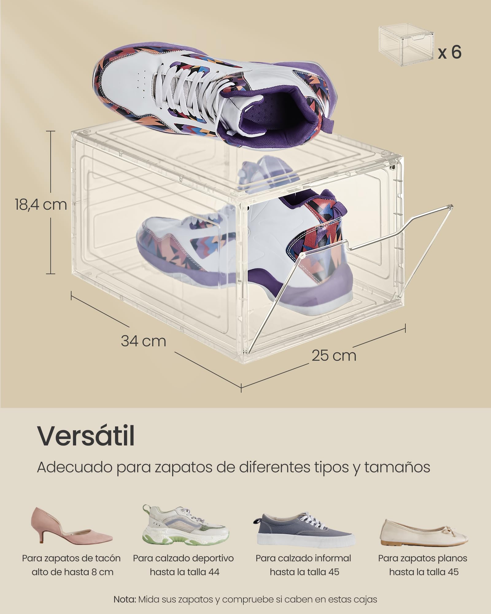 SONGMICS Cajas de Zapatos, Cajas Plástica Apilable para Zapatos, Juego de 6 Organizador de Zapatos, Ahorro de Espacio, Fácil Montaje, 34 x 25 x 18,4 cm, Hasta Talla 44, Blanco Transparente LSP032W06