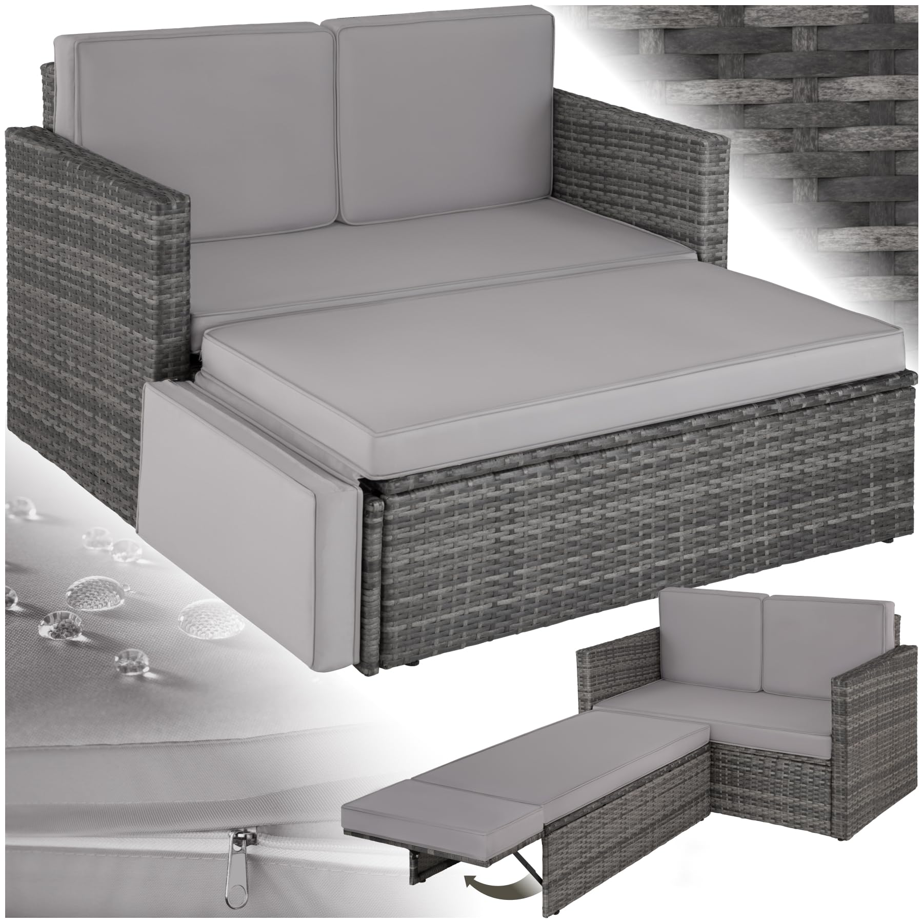 tectake® Rattan Garden Furniture Set - UV-Resistant 2 Seater Sofa & Stool with Steel Frame, Thick, Water-Repellent & Washable Cushions, Easy Setup - Outdoor Furniture for Garden & Patio - Grey