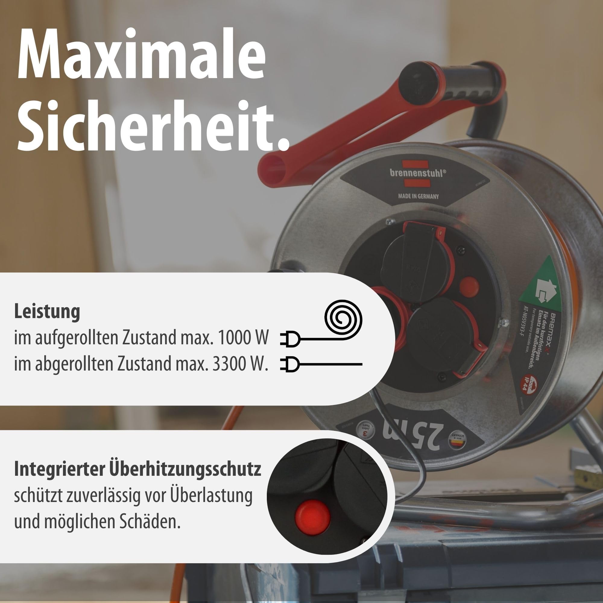 Brennenstuhl Garant S V2 IP44 Kabeltrommel 25m outdoor (Made in Germany, Kabel in Signalfarbe orange, Stahlblech, kurzfristiger Einsatz im Außenbereich)