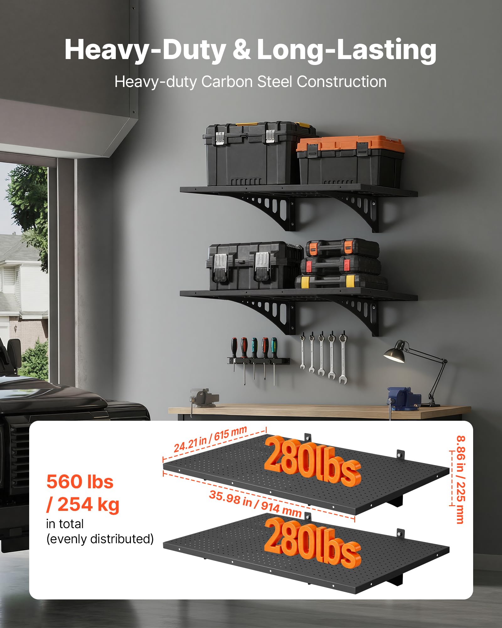 VEVOR 2er-Set Garagenregal 914x620x210 mm Werkzeugaufbewahrung 113 kg pro Schicht Werkzeughalter mit Haken 914x620 mm Regalfläche Aufbewahrungsregale Metallregal Werkzeug Organizer Wandregale