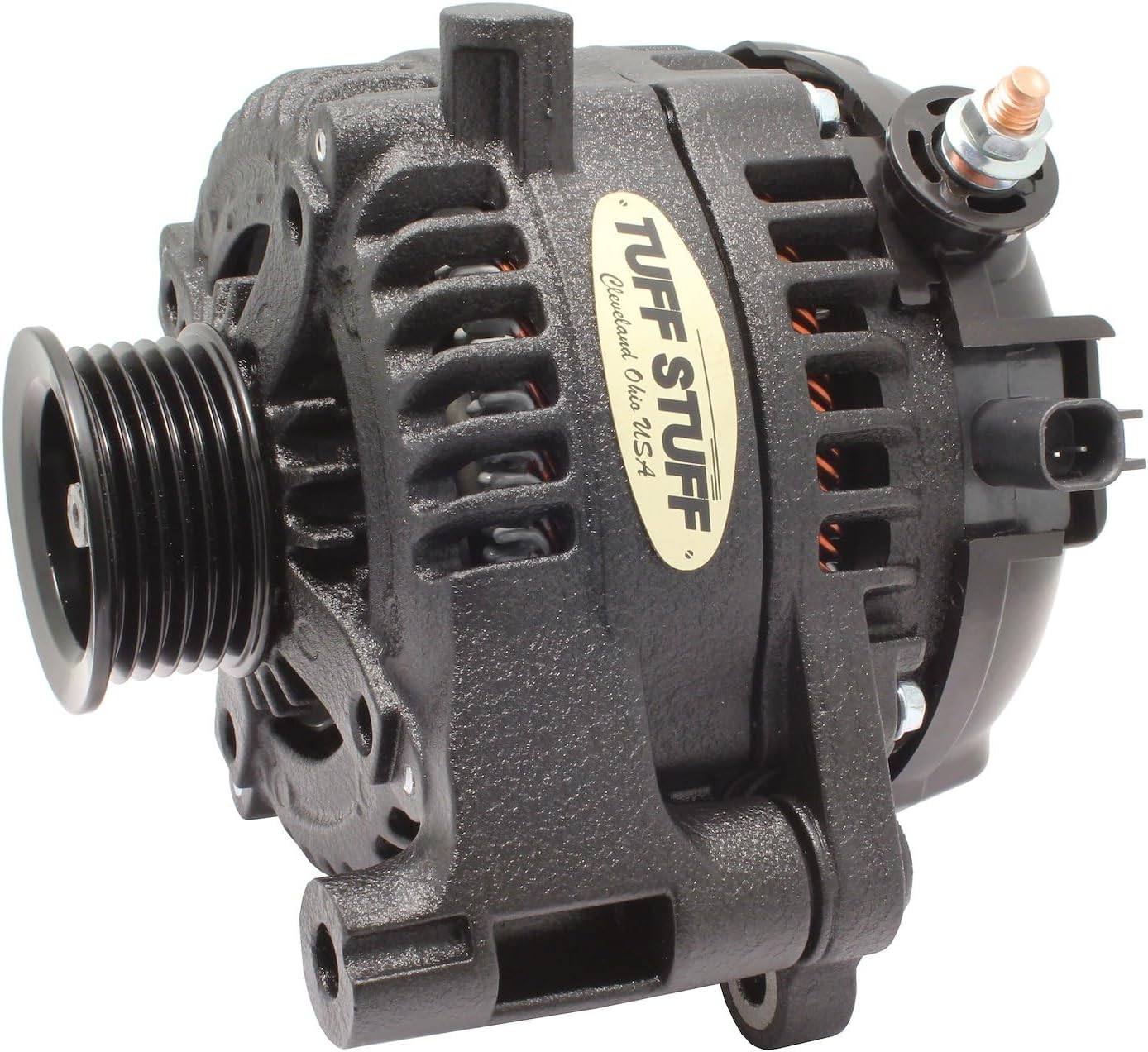 Tuff Stuff Alternator, 250 amp, 12V, External Regulator, 6 Rib Serpentine Pulley, Black Wrinkle, Jeep Wrangler JK 2012-18, Each (7516B)