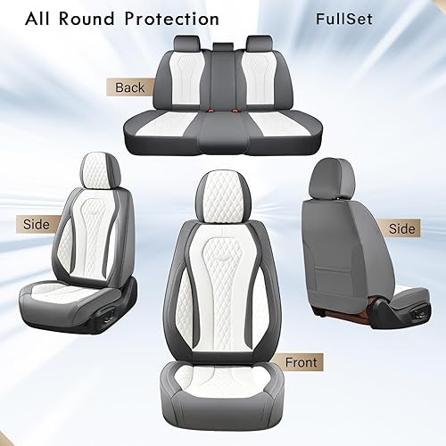 Miniatura 9 de Coverado Juego completo de fundas de asiento de cuero, fundas de asiento universales de 5 asientos para automóviles, cojines de asiento de cuero