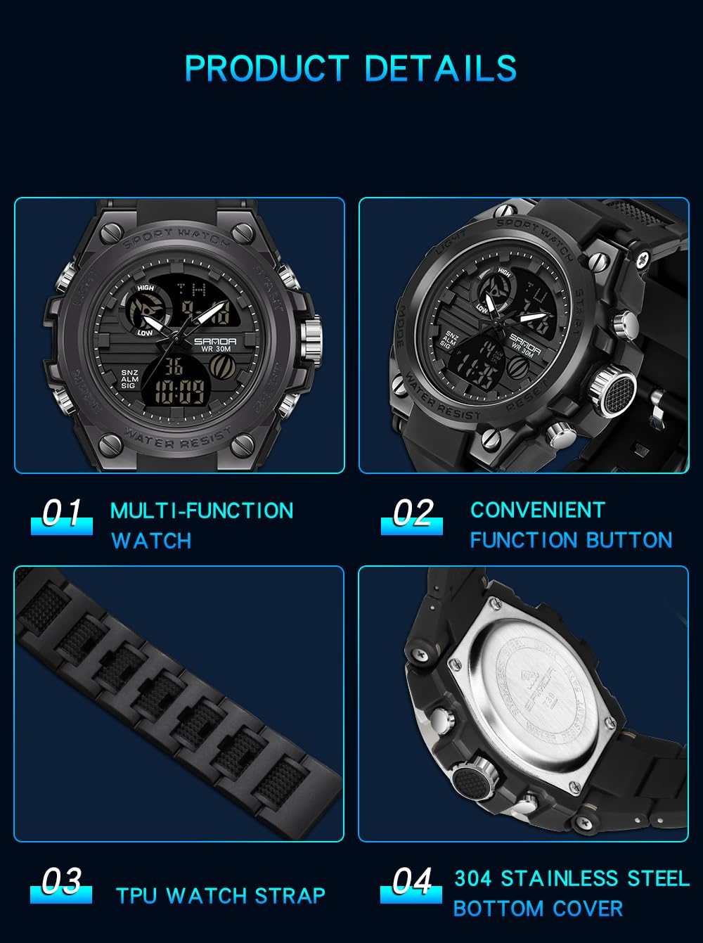 Gosasa Orologio sportivo digitale da uomo, display LED, antiurto, militare, doppio fuso orario, orologio da polso per esterni, impermeabile, sveglia
