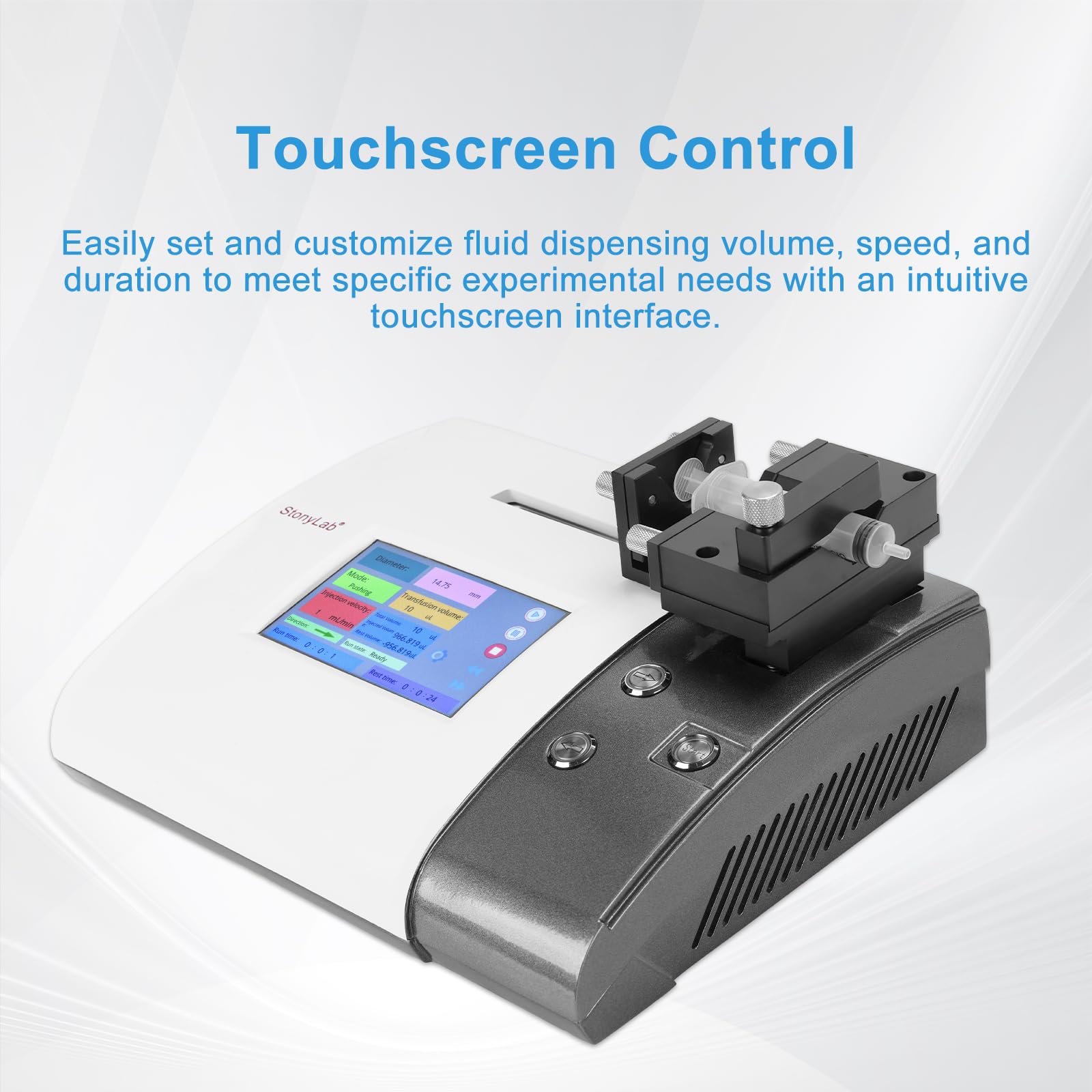 stonylab Einkanal-Spritzenpumpe, 0,5 nl/min - 388,86 ml/min, 5 μl - 150 ml Spritzen, Touchscreen, Fixe/Benutzerdef. Dia-Eingabe, RS232/485, für Lab-Flüssigkeitshandhabung