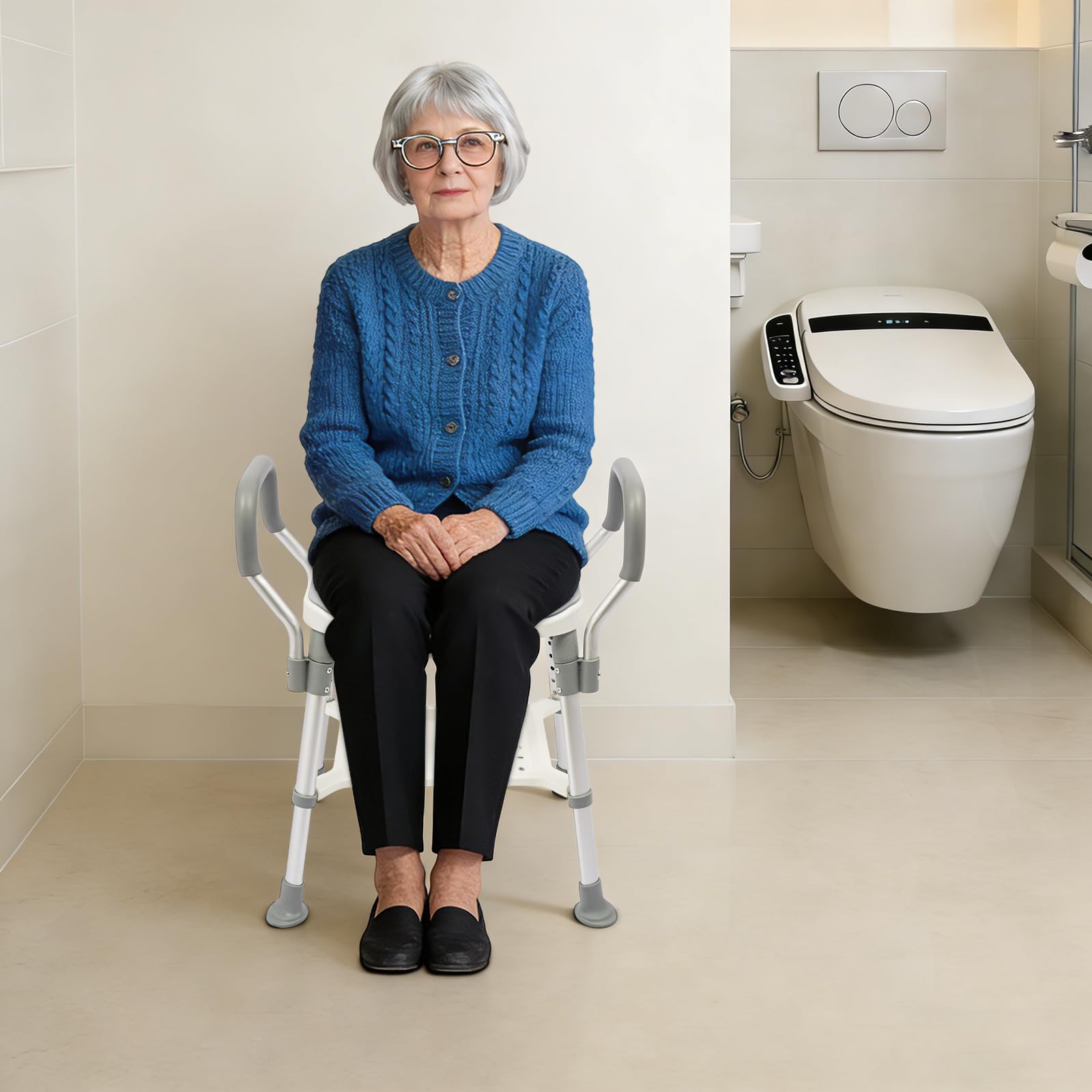 Silla de ducha con estante, 51 x 39,5 cm, asiento de ducha con respaldo y reposabrazos, asiento de ducha regulable en altura en casas, hospitales, residencias de ancianos (gris, blanco)
