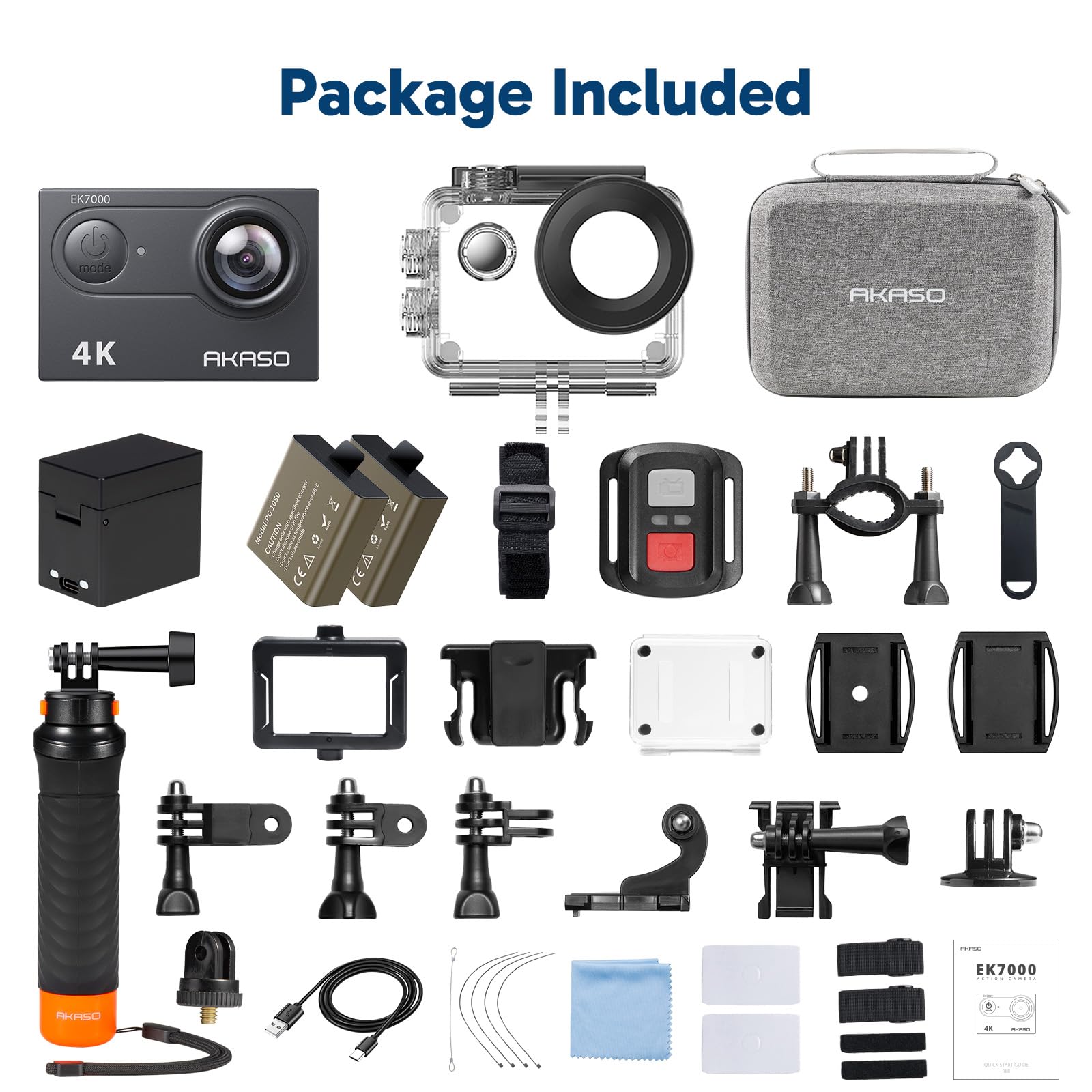 AKASO EK7000 Caméra Sport Kit de Poignée Flottant 20MP Stabilisateur EIS | 4K 30FPS Action Camera, Poignée Flottant, Boîtier 40M Étanche, Sac de Rangement, 2 Batteries, 4X Zoom, Kit d'Accessoires