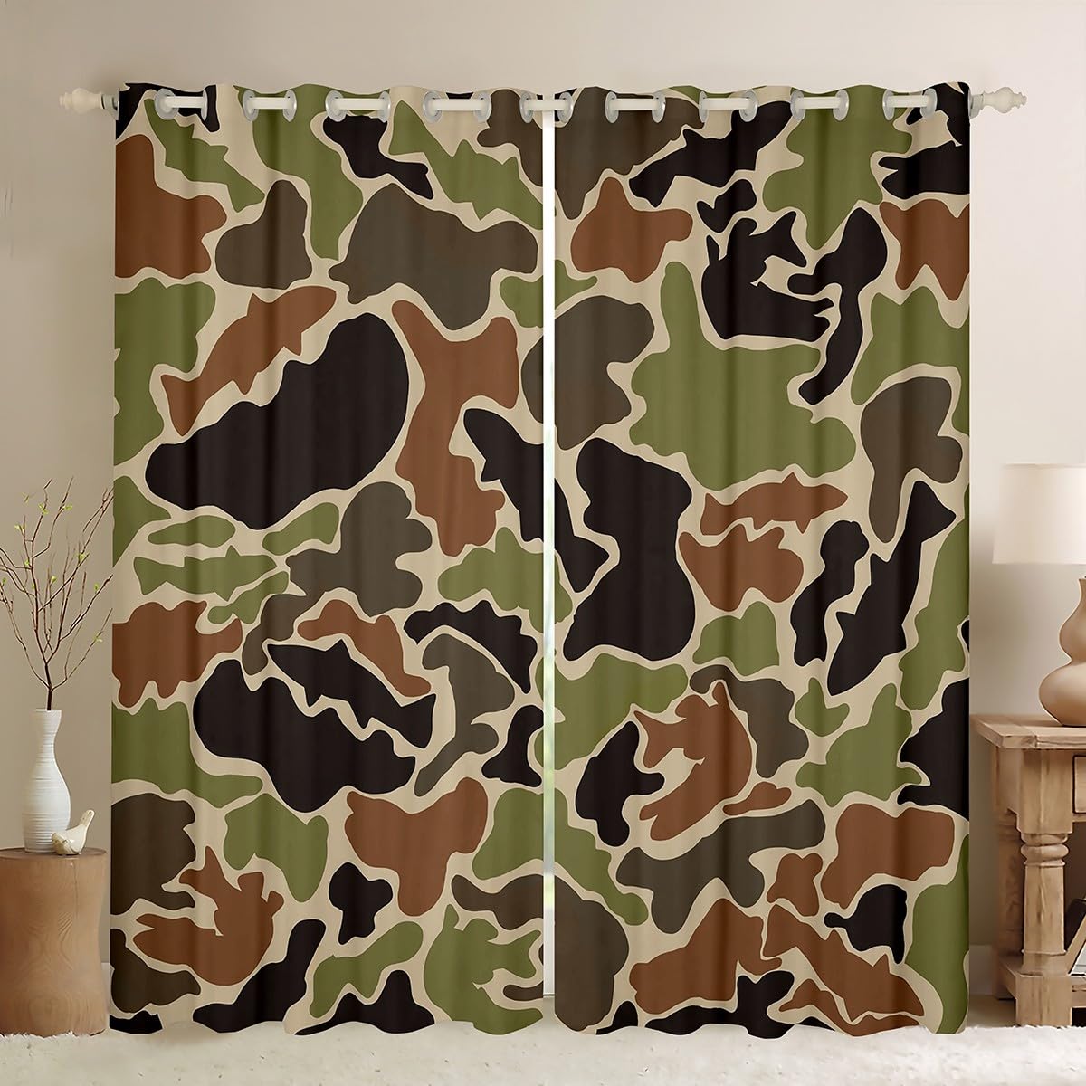 Loussiesd Tenda per finestra, motivo mimetico, 116 x 182 cm (larghezza x lunghezza), per bambini, a tema caccia di pesci, per ragazzi, ragazze, adolescenti, verde, marrone, nero, traspirante, morbida