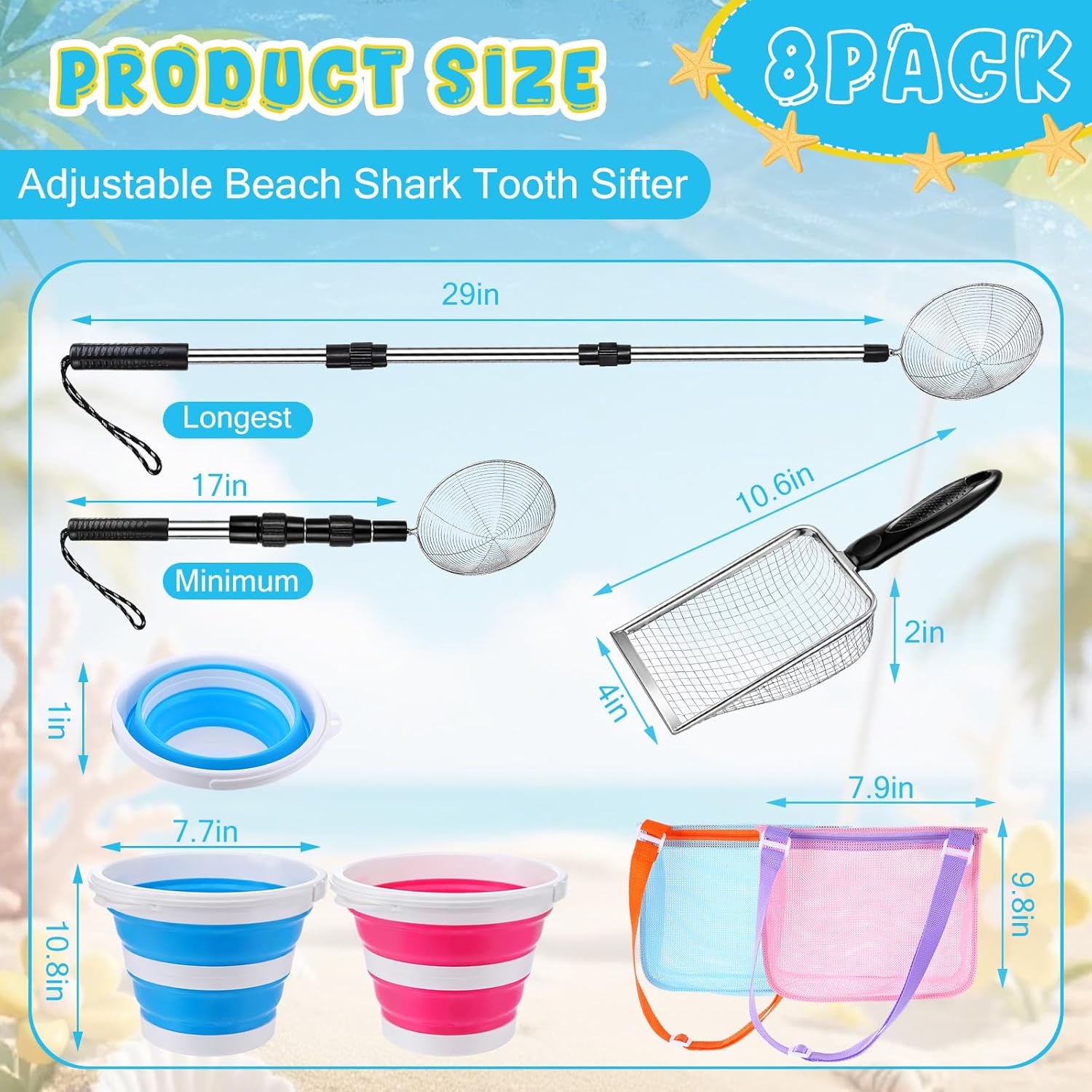 Silipull 8 Pcs Shark Tooth Sifter Shelling Tools for Beach Include 2 Beach Mesh Bag 2 Sand Sifter 2 Mesh Shovel Scoop 2 Foldable Bucket for Shell Collecting Kids Girls Boys Summer Sand Toys Gift