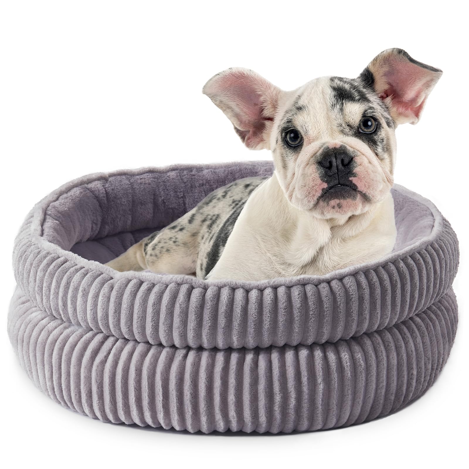 Lit rond pour chiens lavable et antidérapant en peluche grise confortable