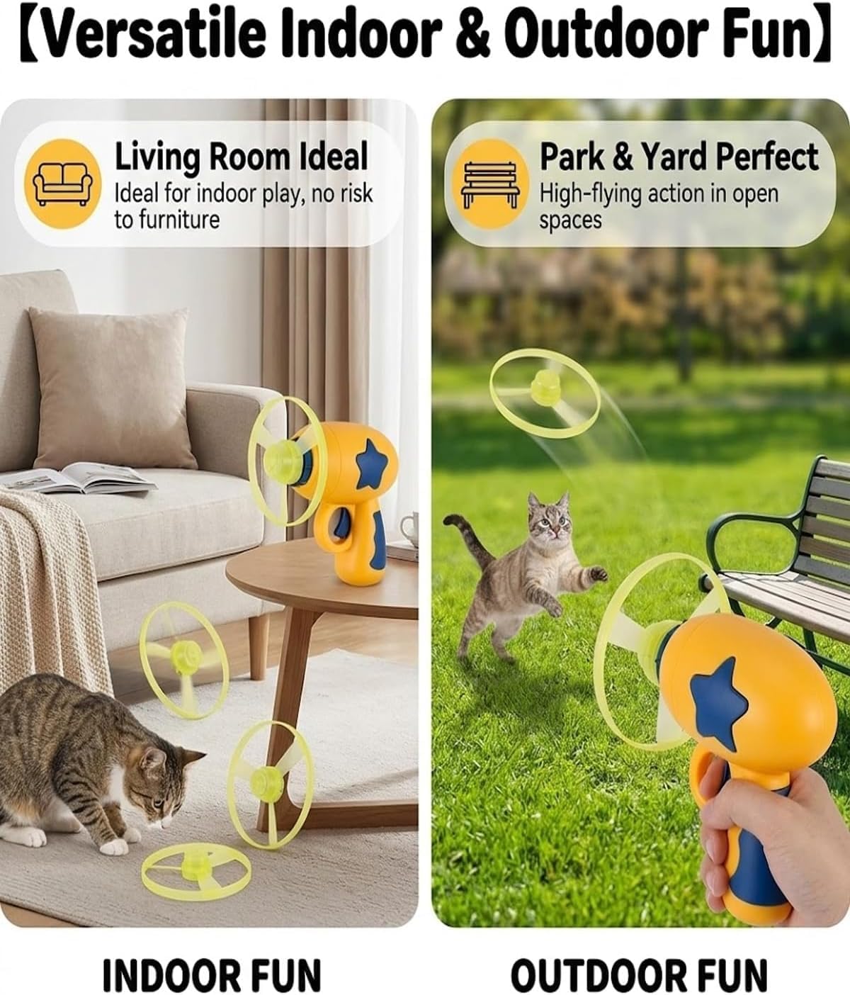 Cat Toy Launcher, Interactive LED Flying Disc Cat Fetch Toy, Propeller Bamboo Dragonfly Catapult Pistol Saucer Blaster Set for Indoor Outdoor Cats Training and Chasing (Blue) — view 5