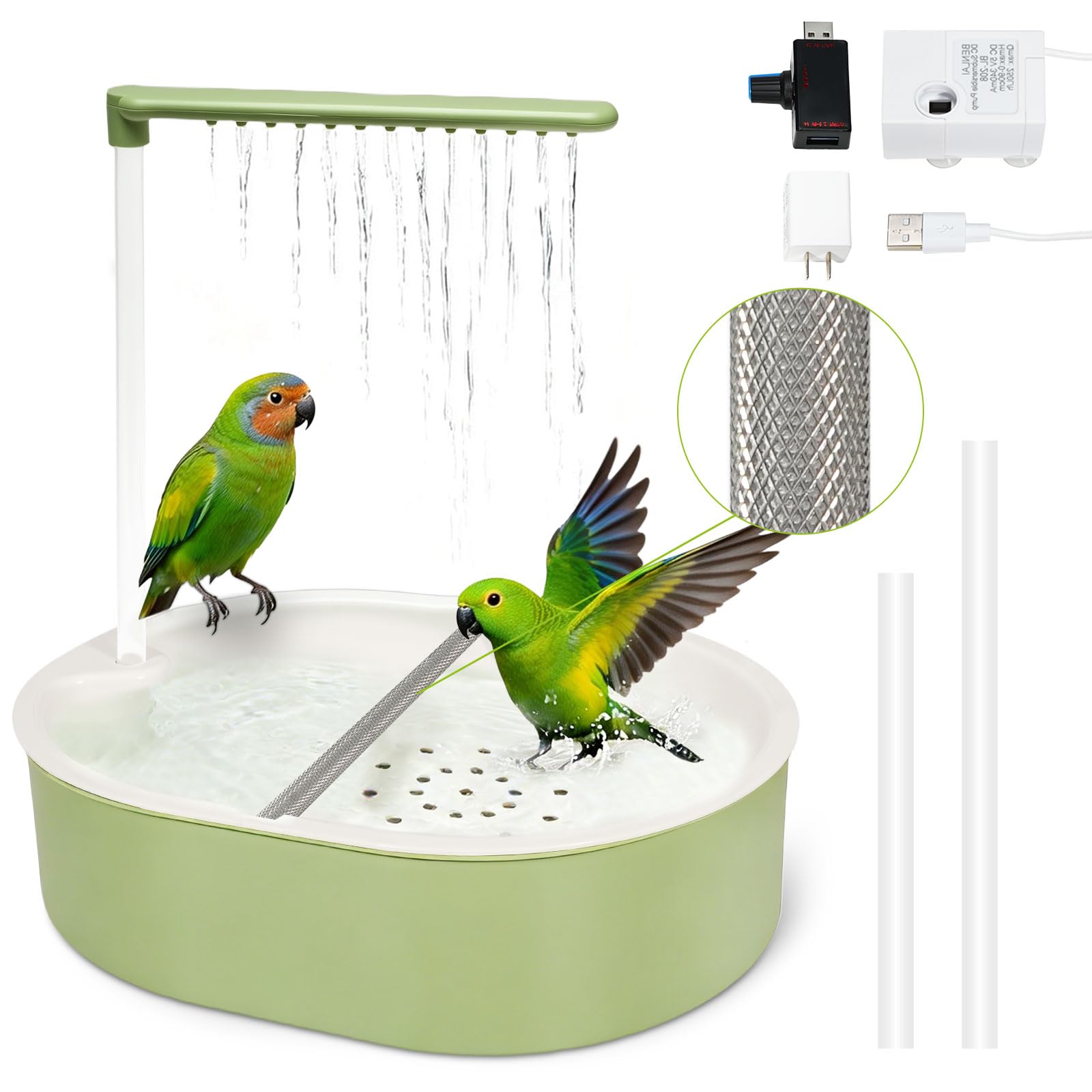 Automatic Parakeet Bird Bath for Cage Large Parrot Shower Bath with Adjustable Water Flow Bird Shower Fountain Indoor Bathtub Stainless Perch Bird Cage Accessory for Birds Cockatiel Conure Budgie