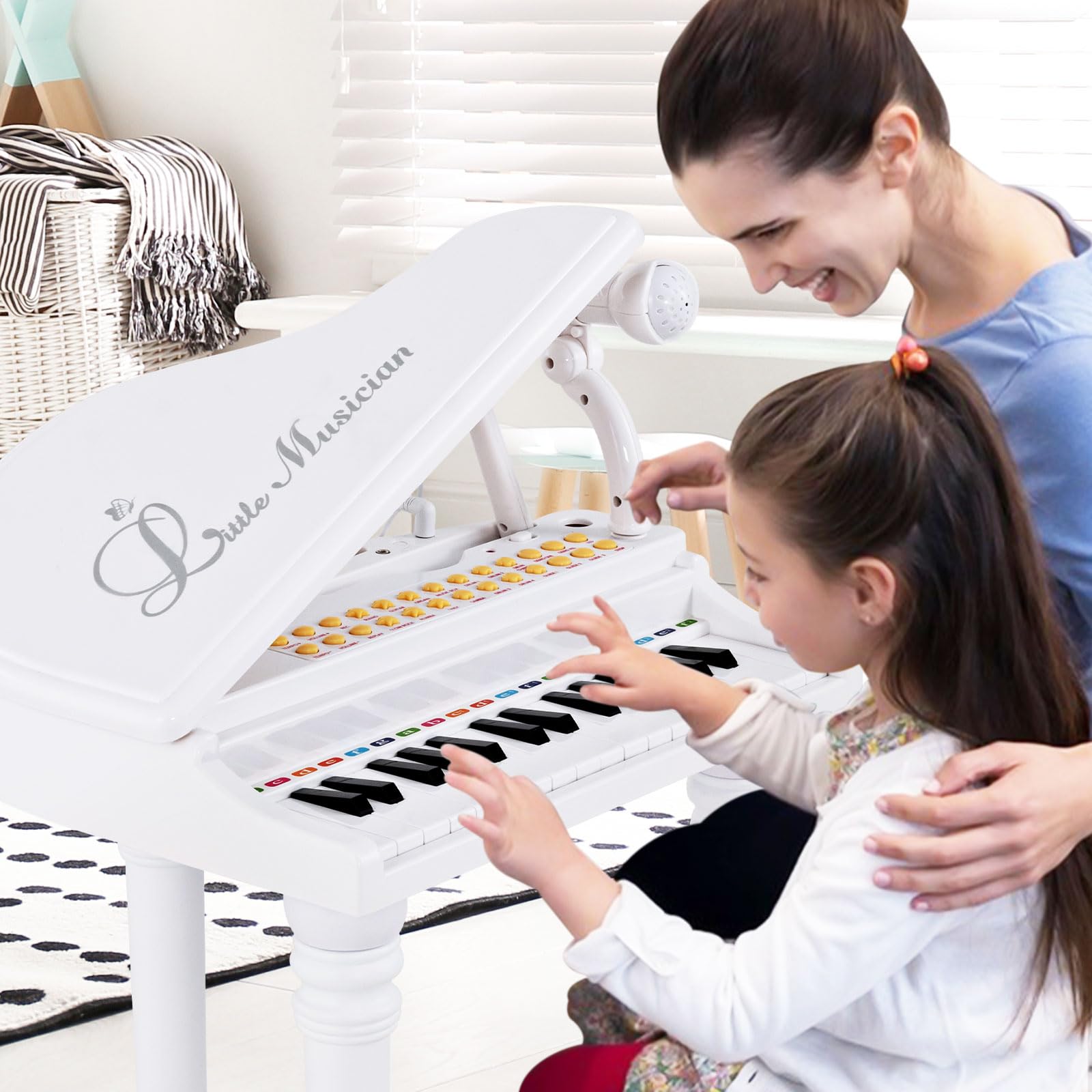 DREAMADE Clavier 31 Touches, Jouet Piano pour Enfants avec Tabouret, Instrument de Mini Piano à Queue avec Microphone, Modes Musicaux Multiples, Enseignement Guidé par Lumière (Blanc 31 Touches) - 3