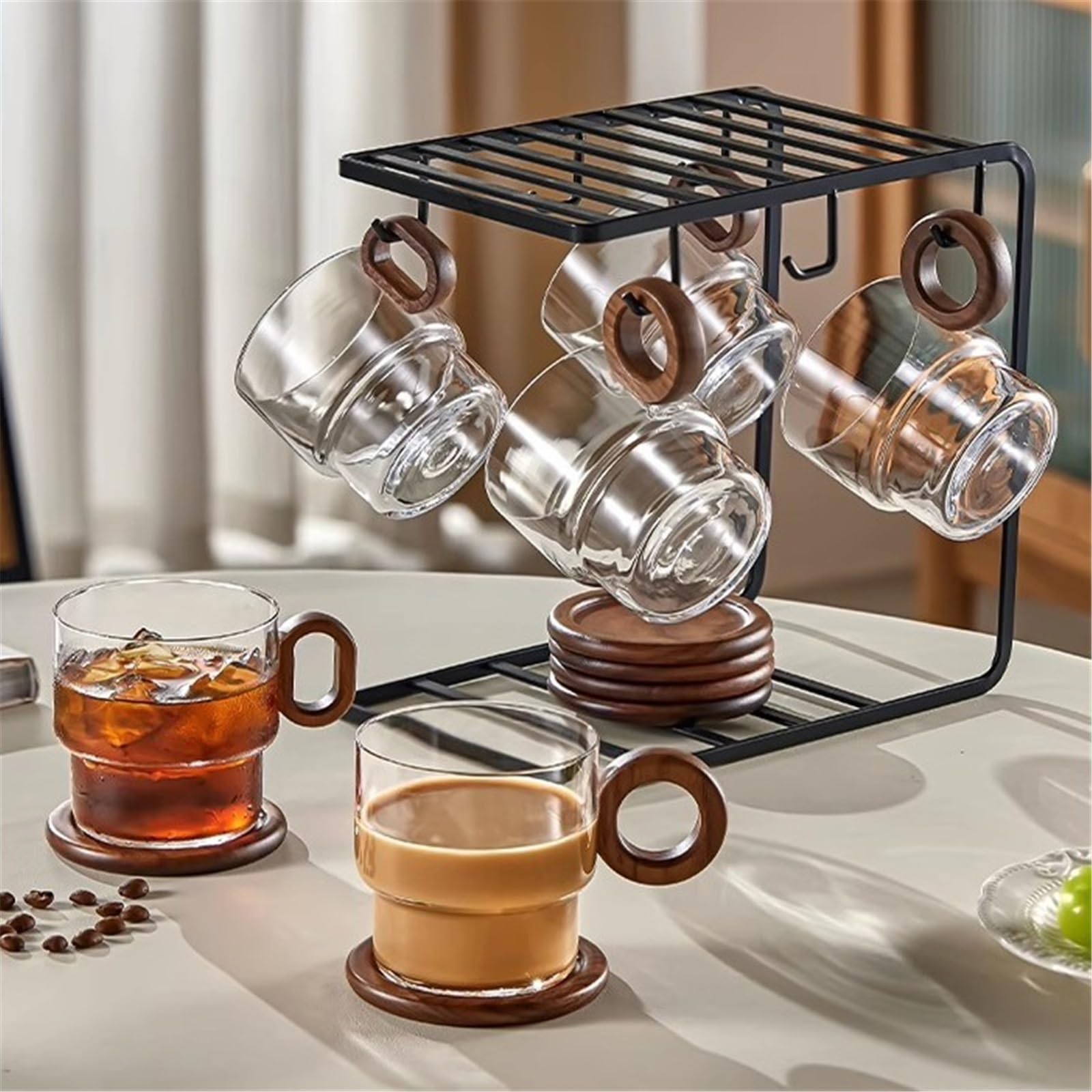 Kaffeetassen-Set aus mit Untersetzer, 330 ml, klare Tassen aus Borosilikatglas mit Griff aus Walnussholz for Saft