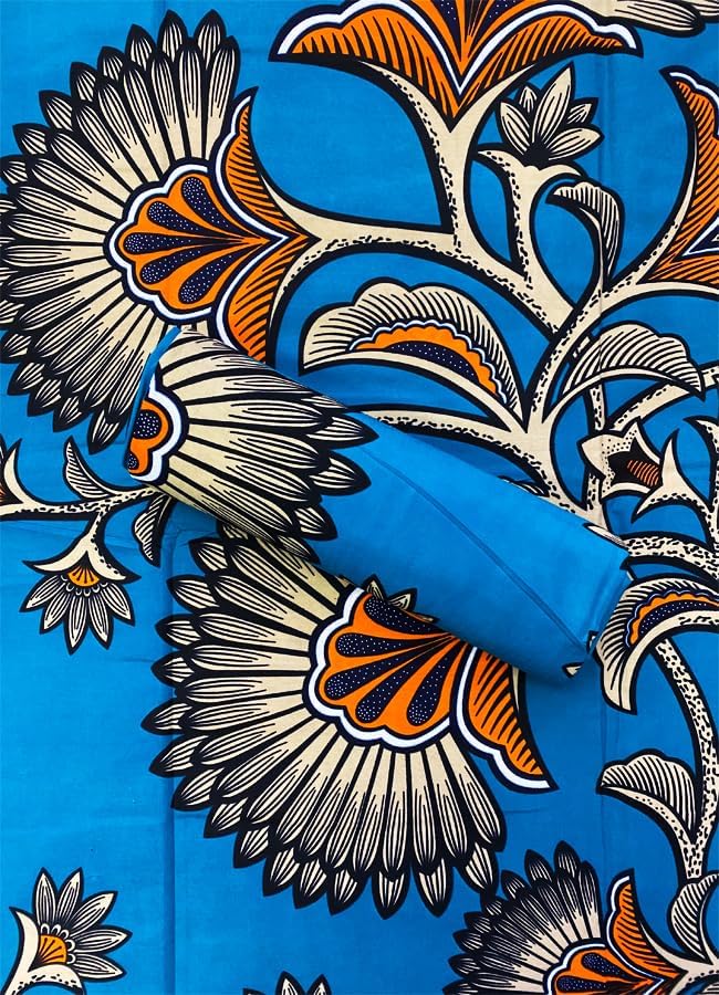 Teal-Green, Peach, Orange, Dark-Blue, White,Black - Floral Design -African Wax Print Fabrics- Sell for 6 Yards- 100% Cotton