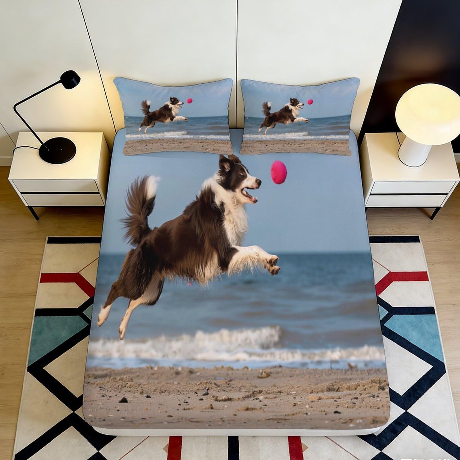 3D Printed Beach Dog Fitted Sheet Microfiber Non-Slip Border Collie Bed Cover for Bedroom Guest Room Decor 90x200x25cm
