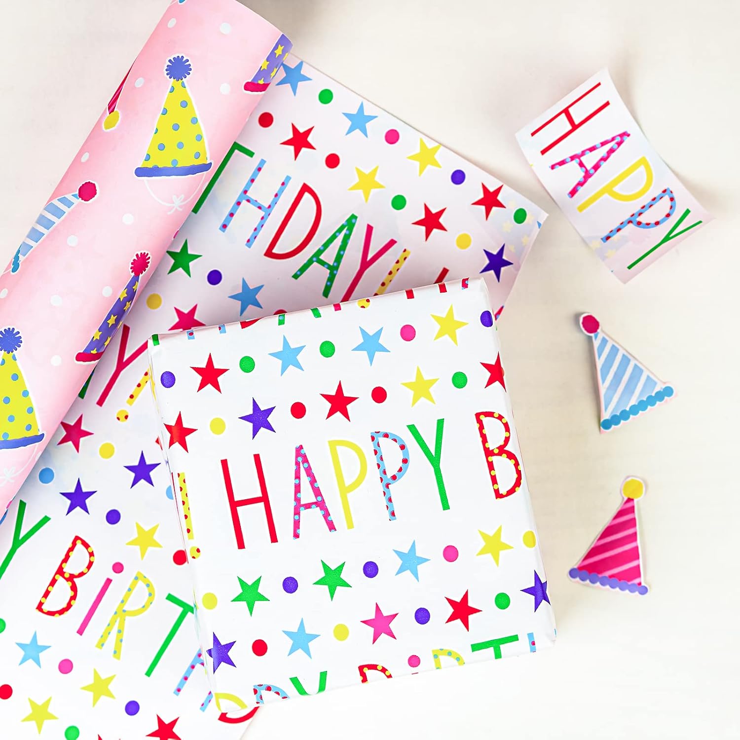 MAYPLUSS Birthday Gift Wrapping Paper Roll - 17Inch X 32.8Feet - Reversible Luxury Pink Girly Birthday Party Hat, Happy Lettering Gift Wrap for Kid Girl, Baby Shower, Party, Holiday - Image 4