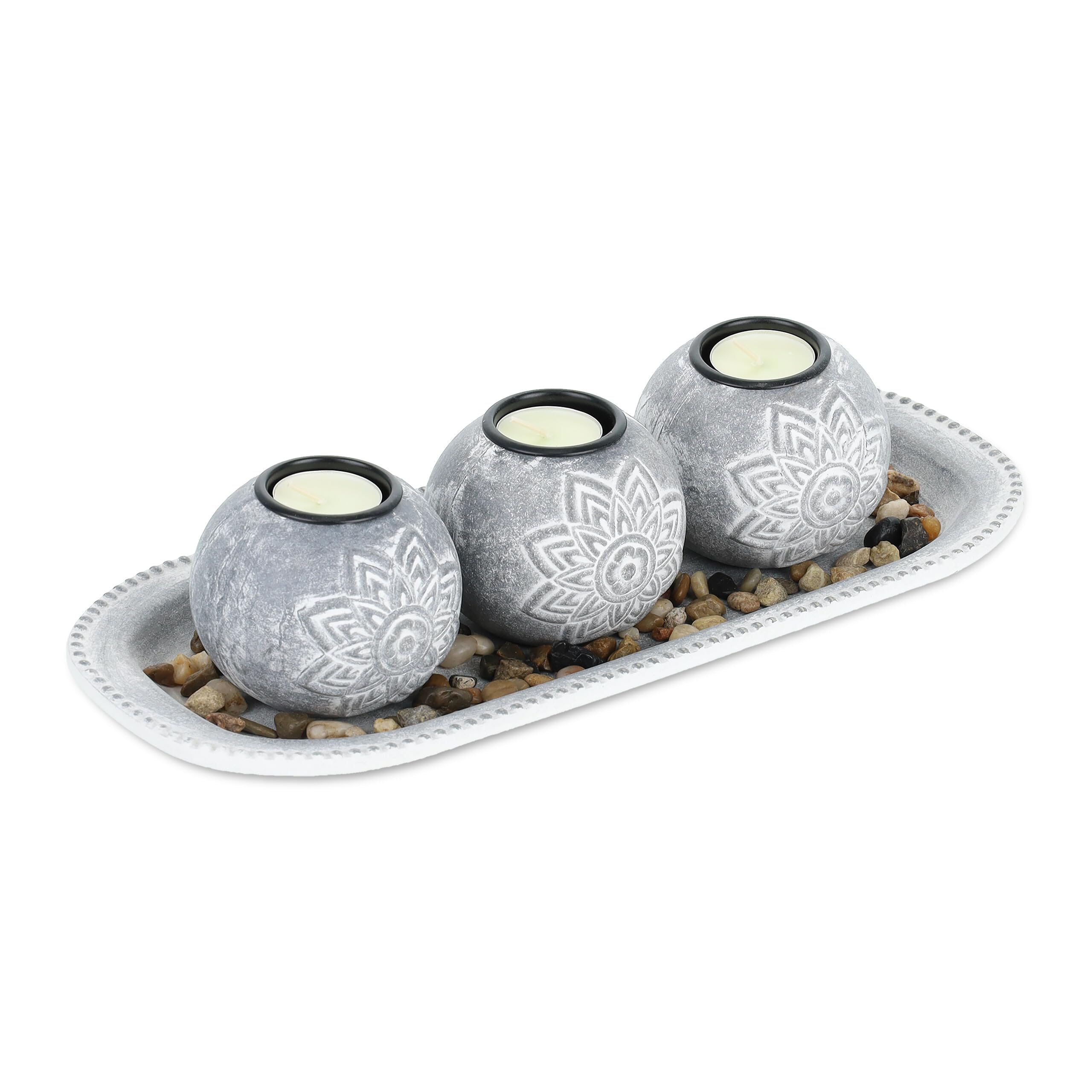 Relaxdays Set Portavelas con Bandeja y Piedras Decorativas, 35 cm de Largo, 3 Velitas, Decoración de Mesa, Gris/Blanco