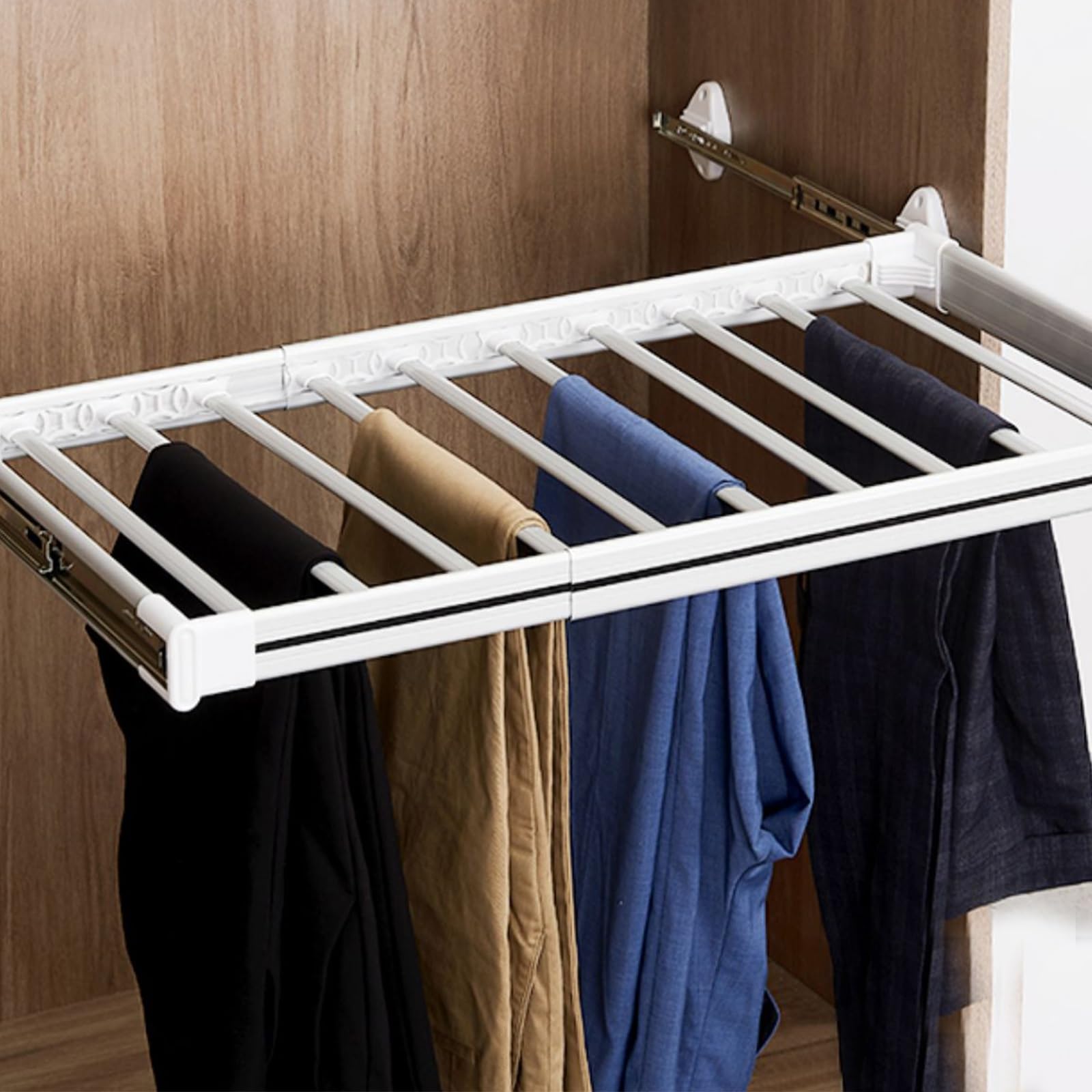 OLSKFUH Pull-Out Trouser Rack Removable Pull-Out Rack Wardrobe Storage Expandable Space Saving Drawer-Style Hanger Rod Rolling Trolley,Adjustable Sliding Trouser Rack For Wardro,Silver-60-85cm