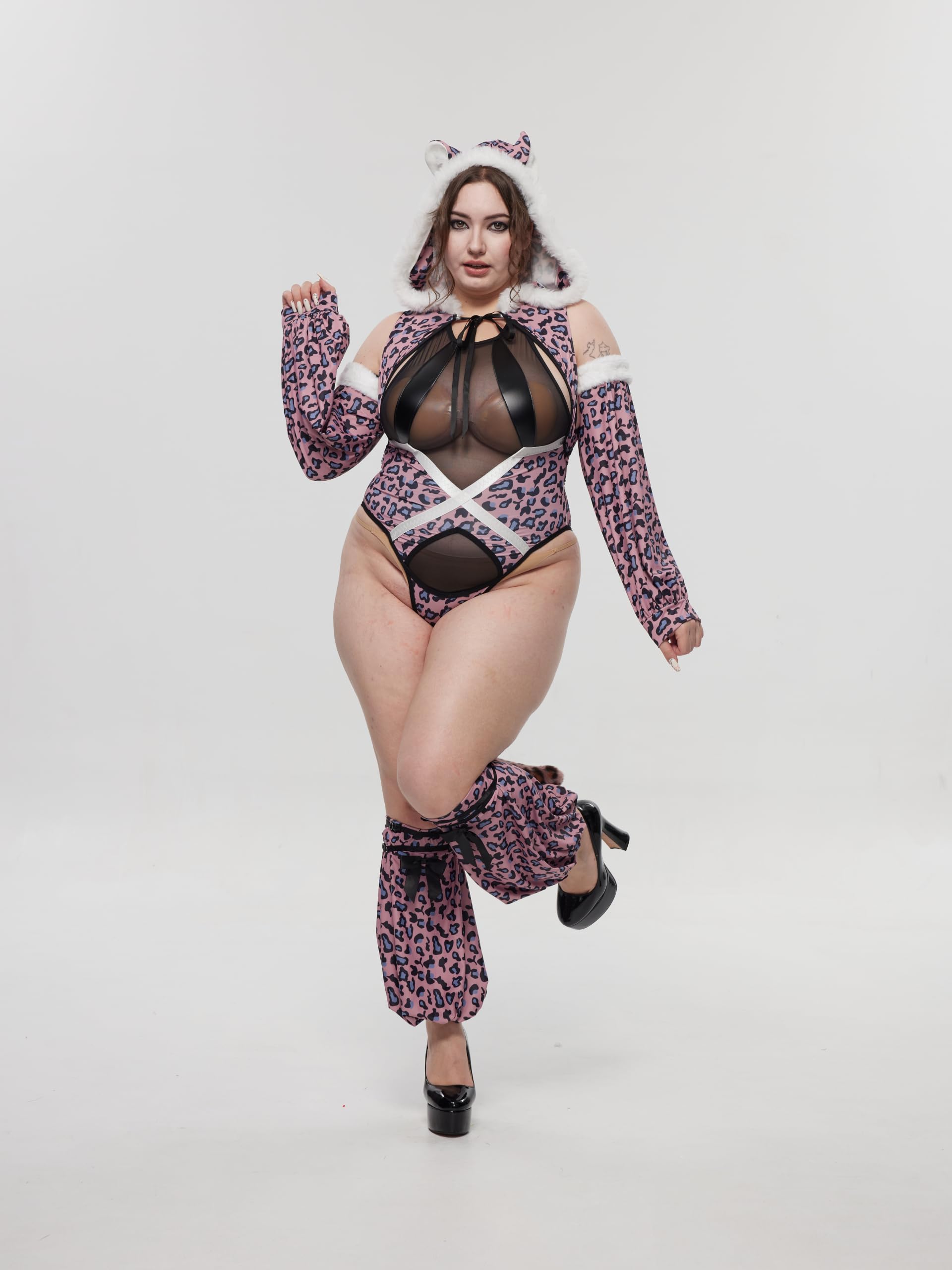 KORURACLUB Leoparden Kostüm Damen Sexy Animal Cosplay Bodysuit Kapuze Rückenfrei Schneeleopard Cosplay Outfit