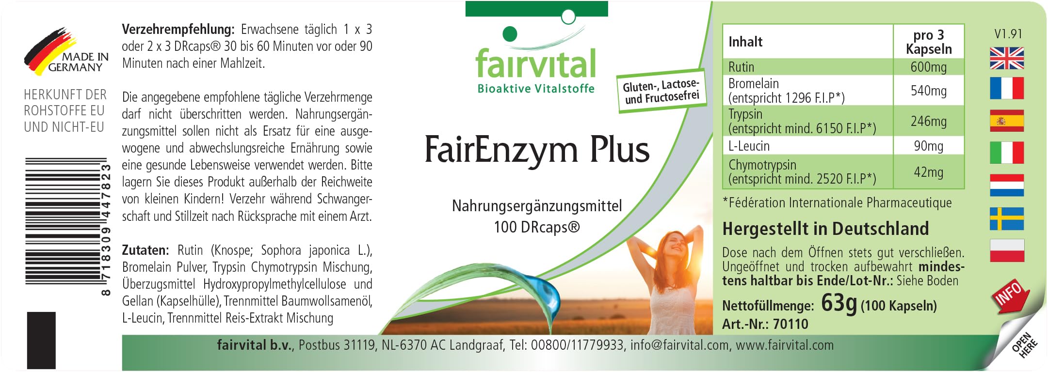fairvital FairEnzym Plus, 100 DRCaps™, schluckfreundlich, Multi Enzym Komplex, mit Rutosid, Bromelain, Trypsin & Chymotrypsin HOCHDOSIERT