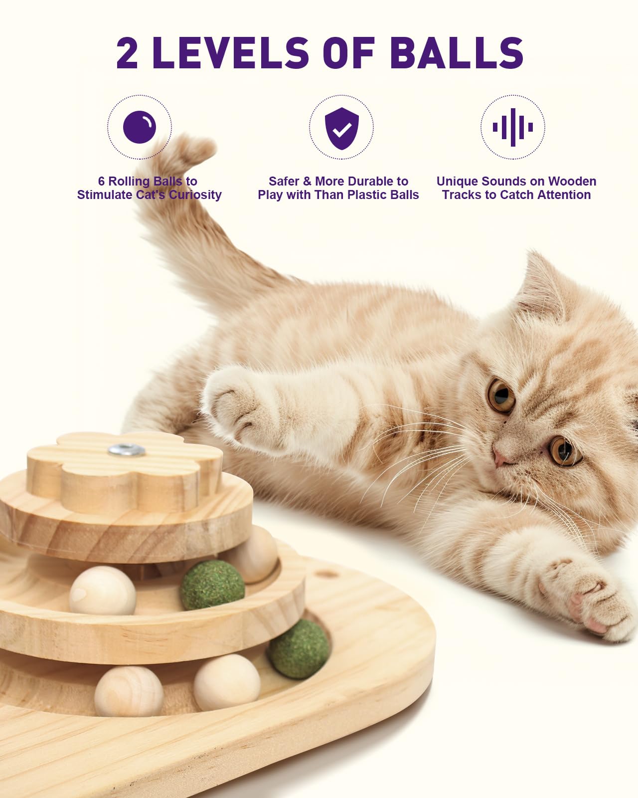 Multifunctional Cat Scratching Post Scratching Post for Indoor Cats with Widened Solid Wood Base, Two Sisal Rope Balls, Interactive Track & Spring Feather Toy, 43cm Tall. - Image 3