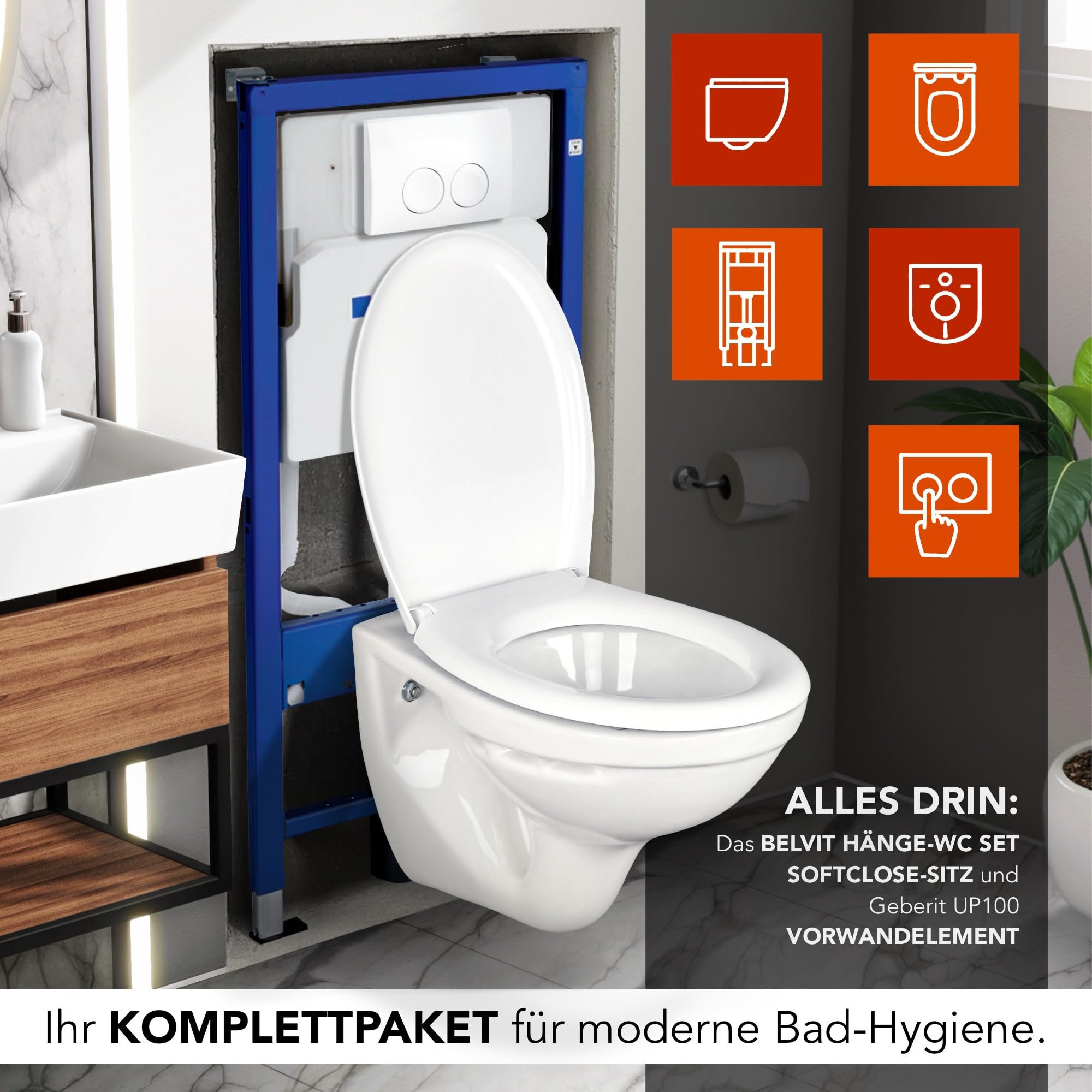 Belvit Geberit UP100 - Set de inodoro suspendido, sin bordes, con asiento de cierre suave, insonorización y placa de accionamiento