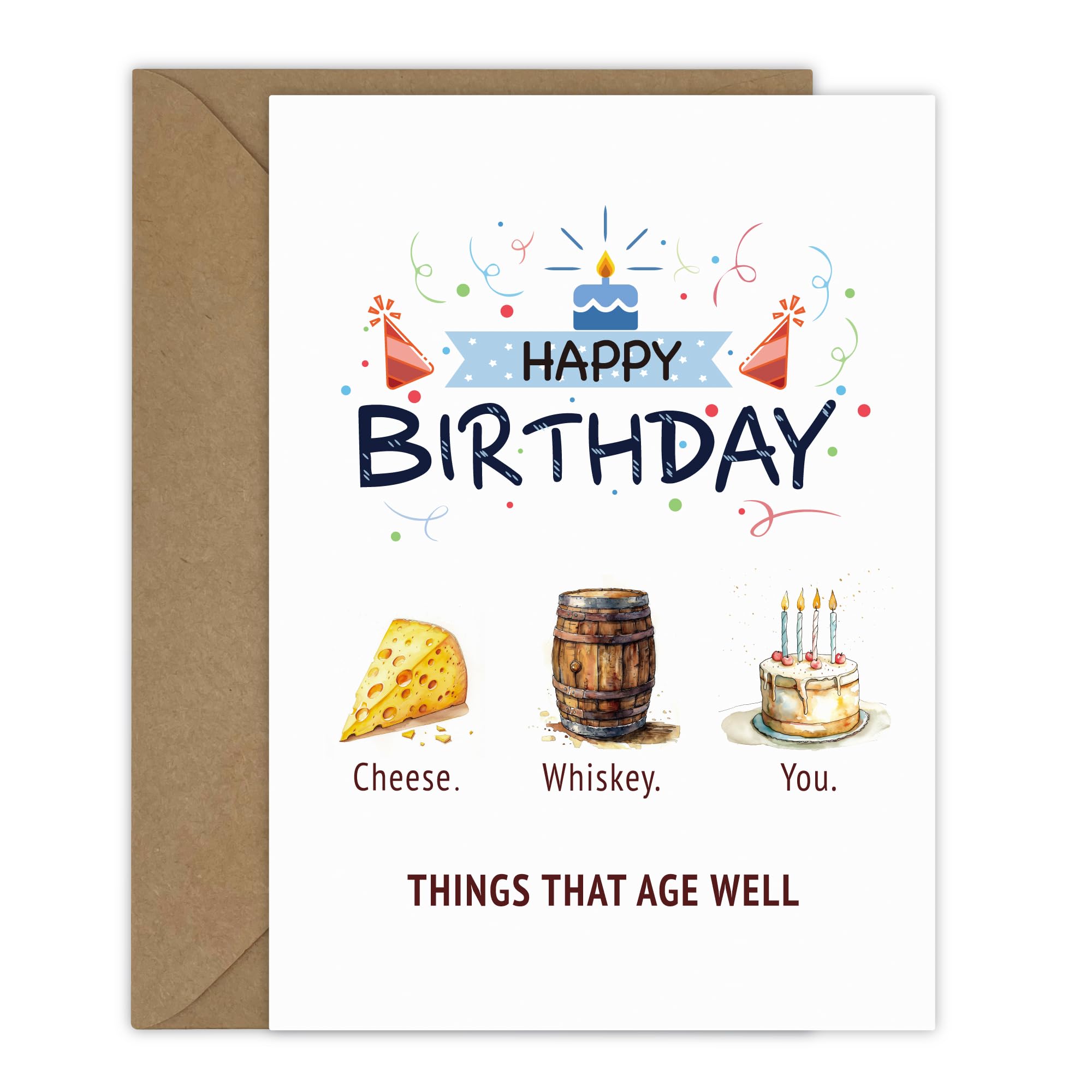 Tashchow Funny Happy Birthday Card for Him Her Cheese Whiskey You ‘THINGS THAT AGE WELL’ with Sticker and 5x7 Inch Envelope