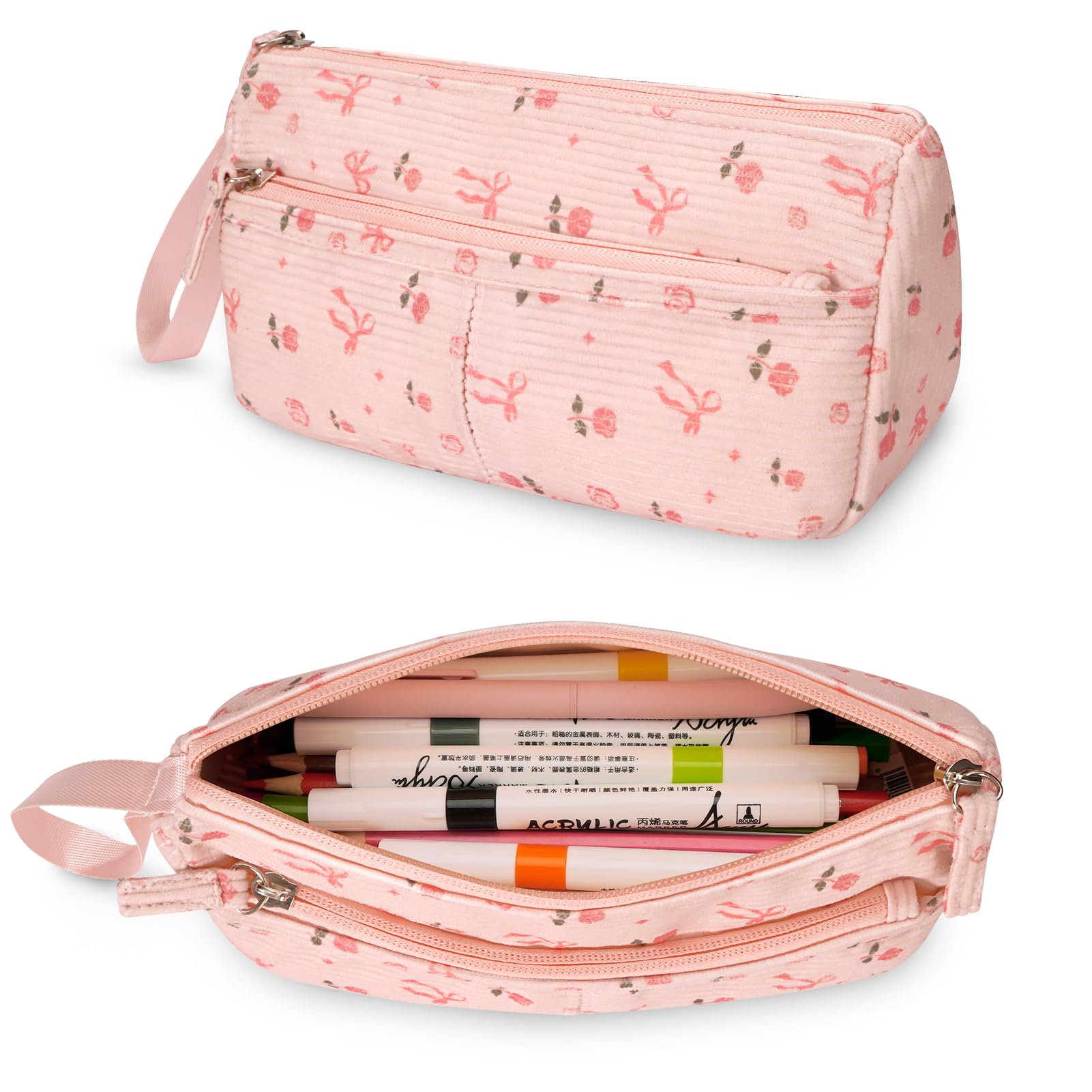 FINPAC Pencil Case, Corduroy Triangle Makeup Bag, Kawaii Pen Bag Pouch Holder Box Organize for Study, Office, or Travel (Pink Rose Bow)