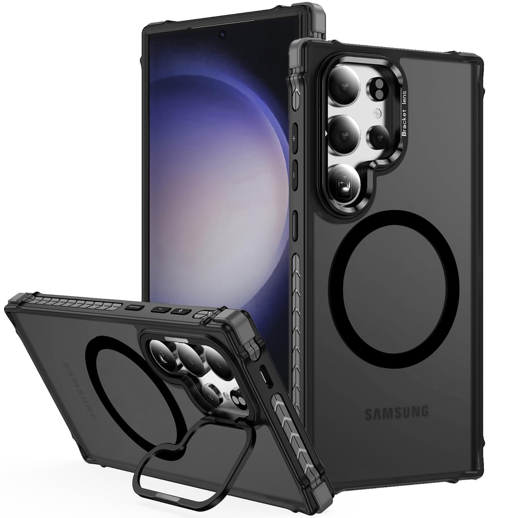 for Samsung Galaxy S23 Ultra Case[12FT Military-Grade Protective] [Compatible with MagSafe][Built-in Camera Stand]Anti-Scratch Shockproof Matte Translucent Phone Case for Samsung S23 Ultra Cover,Black